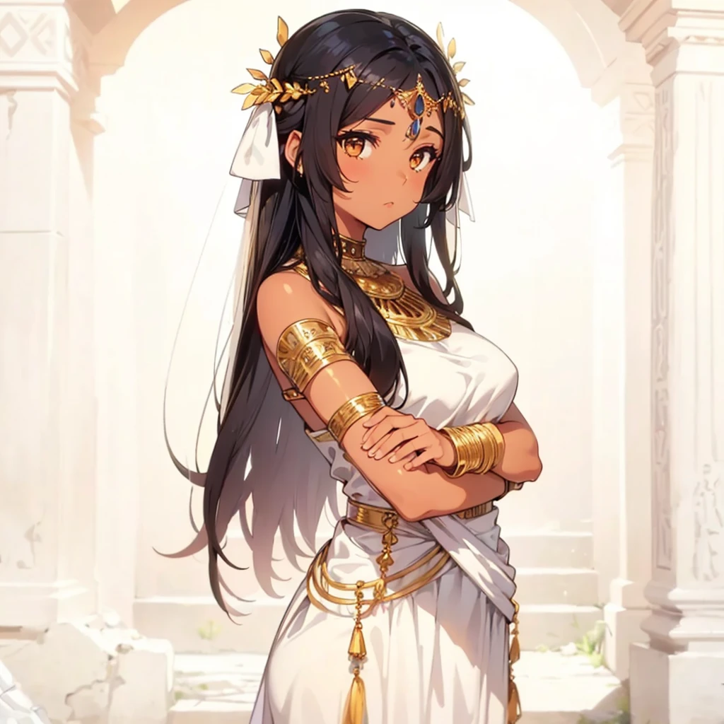 Create an anime character set in an ancient Greek-inspired setting. The character is a young femboy with an androgynous body, possessing both masculine and feminine traits. He has long, flowing dark brown hair that reaches his shoulders, styled in soft waves. His facial features are delicate and refined, with large, expressive brown eyes framed by long lashes and neatly shaped eyebrows. He has a subtle touch of makeup, including lightly glossed lips and a hint of blush on his cheeks.
His outfit blends traditional Greek attire with modern anime aesthetics: a white and gold chiton (ancient Greek tunic) that drapes elegantly over one shoulder, revealing his lean, toned chest. The fabric cinches at the waist with a golden belt, giving a hint of an hourglass figure. He wears golden bracelets on his wrists and a delicate necklace with a small pendant resting against his collarbone. His stance is graceful and confident, with a serene expression, standing in front of classical Greek architecture, like marble columns and a clear blue sky.