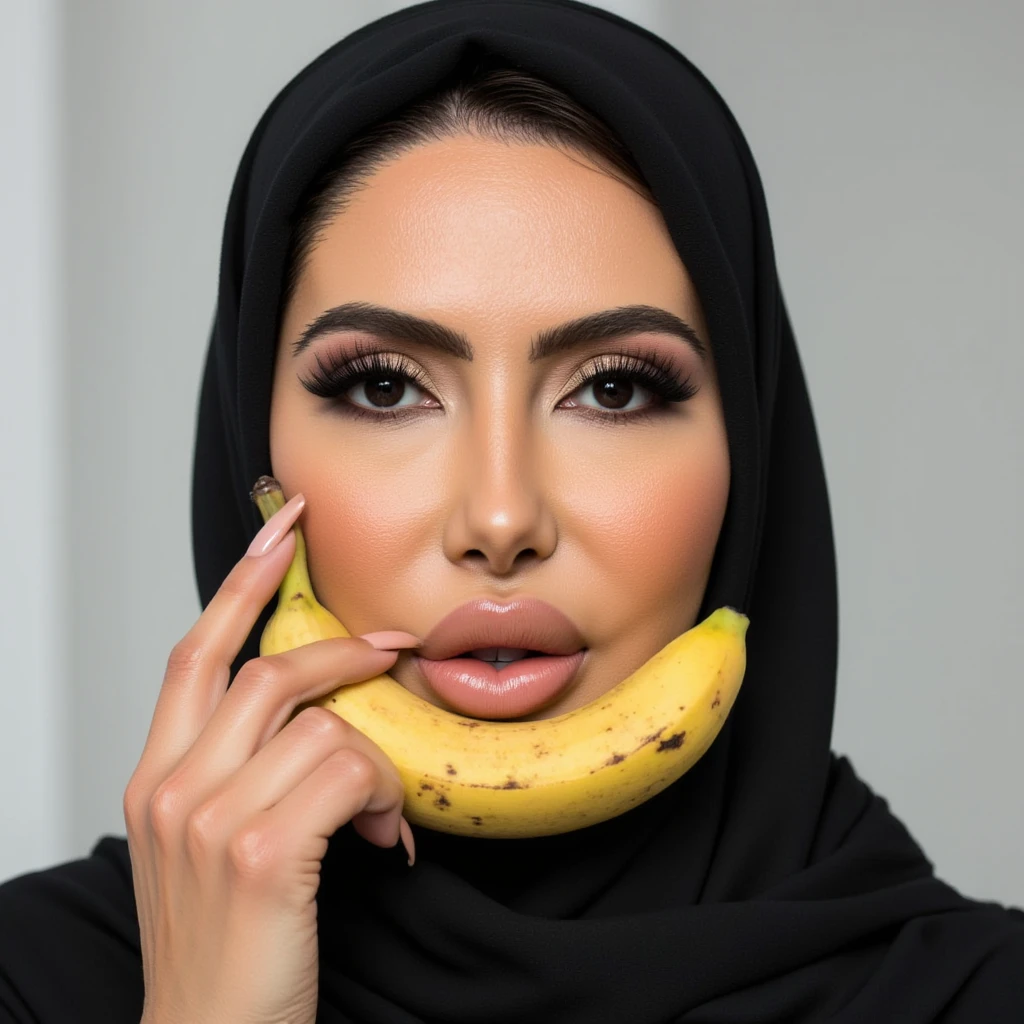 One woman , eating big banana , on green colour bed , beautiful eyes , wearing black hijab , sexy pose , wearing glasses , open window , Surrealism, 8k, super detail