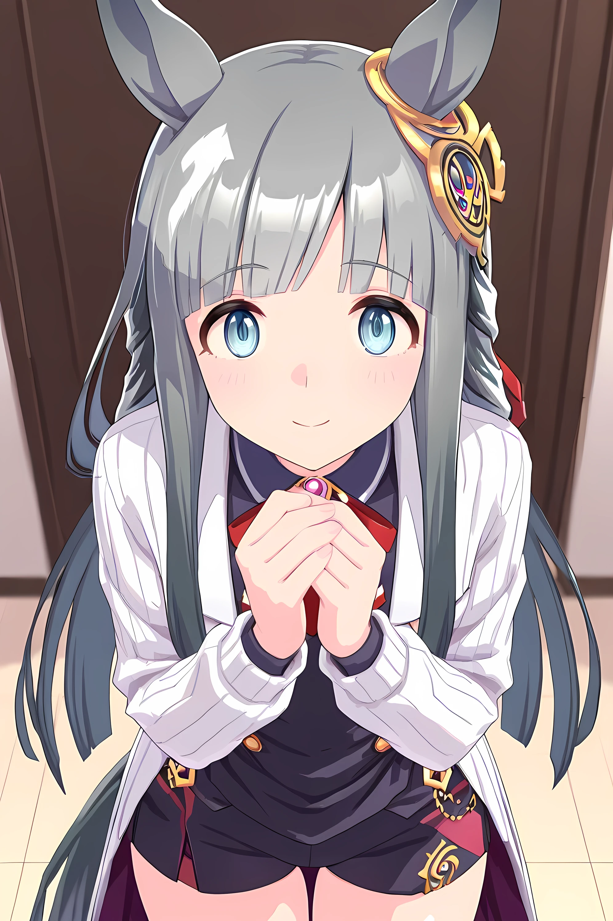 chrono genesis\(umamusume\),(((masterpiece))),(((detailed)))((best quality)),((hyper detailed)),(beautiful),((shinythighs)),(((shiny skin))),(high quality skin),((8k)),((high resolution)),light smile and light blush,closed mouth,white color ribbed cardigan,black color dolphin short shorts,