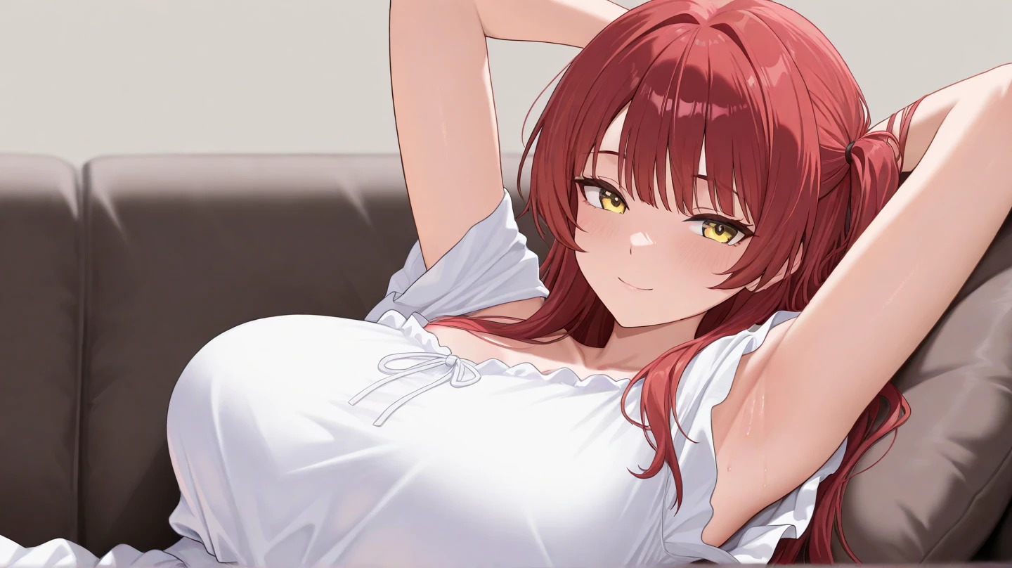 (a) A girl with red hair, wearing a tank top and panties, sitting on a bed. Her hair is styled into a ponytail that falls gracefully over her shoulder. She has a voluptuous figure with a busty chest and a noticeable cleavage. The girl is blushing slightly, adding a touch of natural charm to her appearance. The overall scene has a realistic touch, resembling a high-quality photography. The color tone of the image has a pinkish hue, creating a soft and warm atmosphere. The lighting is soft and gentle, accentuating the girl's features in a flattering way.
(b) A girl sitting on a bed, her dark brown ponytail cascades down her back, creating a beautiful contrast against her fair skin. She is dressed in a casual tank top and panties, exuding an air of comfort and relaxation. The girl has a well-endowed figure, with a busty chest that creates an alluring cleavage. Her cheeks are slightly flushed with a blush, adding a touch of innocence to her expression. The image is captured with a realistic approach, reminiscent of a high-quality photography. The color tone has a pinkish hue, infusing the scene with gentle warmth. Soft lighting delicately illuminates the girl, enhancing her natural beauty.
(c) A charming girl sitting on a neatly made bed, her dark brown ponytail falling gracefully over her back. She is wearing a casual tank top and panties, radiating a sense of comfortable intimacy. Her ample bosom creates a noticeable cleavage, drawing attention to her feminine allure. A soft blush graces her cheeks, hinting at a hint of shyness and innocence. The image captures a realistic atmosphere, akin to a professional photography. A pinkish hue infuses the color tone, creating a gentle and warm ambiance. Soft lighting envelops the scene, accentuating the girl's features with a subtle grace.