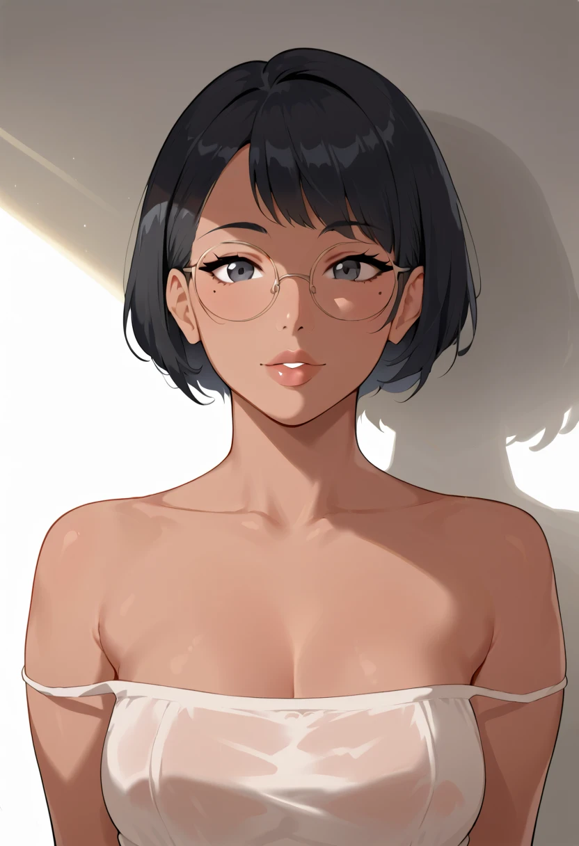 Amazing portrait of a cute and sexy woman with her black hair in a short bob hairstyle, cute but seductive eyes, perfect pink lips parted wearing glasses, long earrings, a loose oversized white t shirt falling off her shoulder emphasizing her bare shoulder and her medium chest seductively