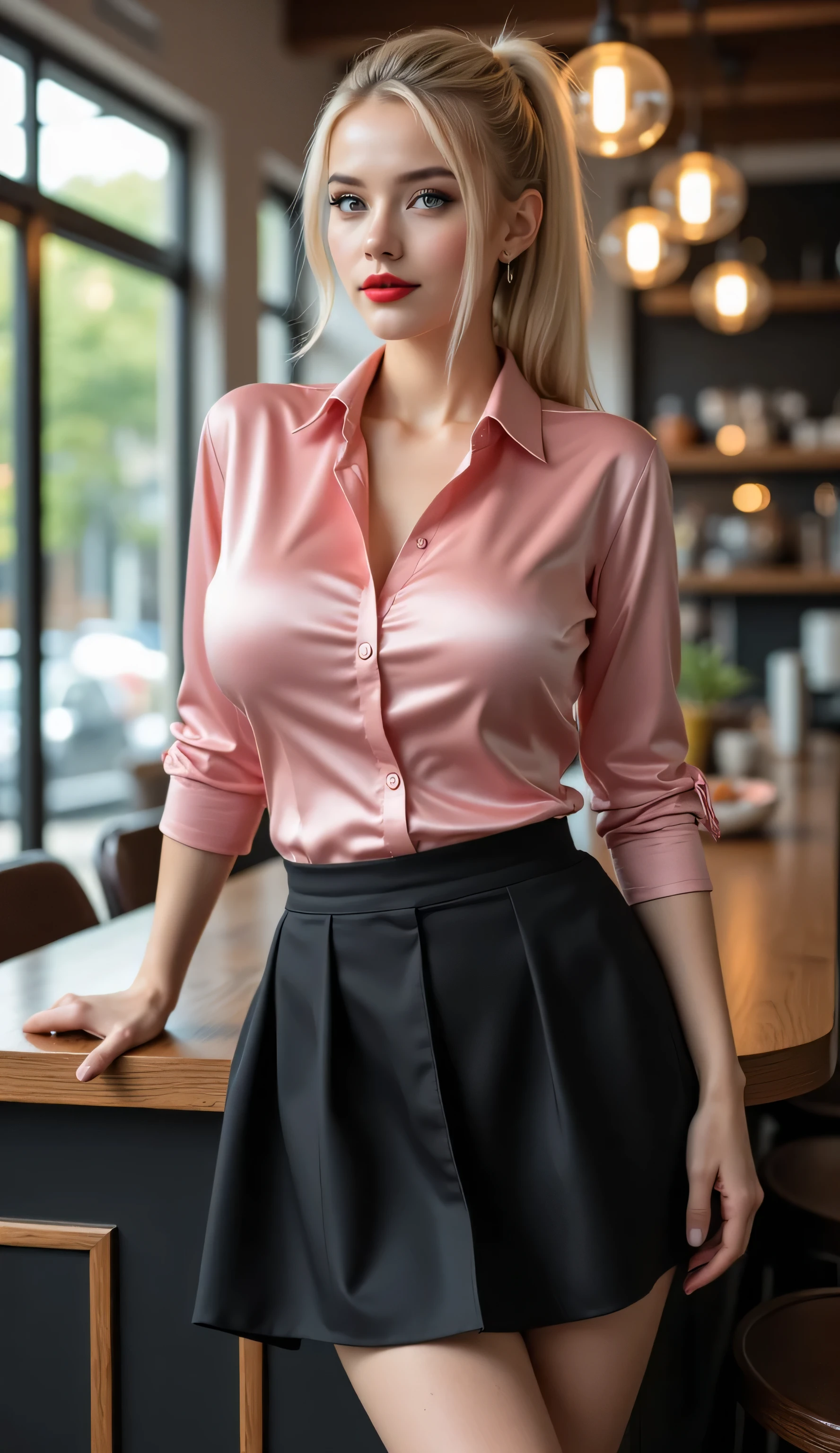 ((best quality, masterpiece, realistic photograph, life-like realism)), athletic girl, pretty, (((photo of skinny female 18year college girl, pink silk shirt buttoned-up, medium-length pleated black skirt, narrow hips))), blackout eyeshadow, red lips, professional photograph, elegant girl, very long blonde hair ponytail with platinum highlights, sharp focus, dramatic, award winning, cinematic lighting, she is leaning lounging on the counter in a bokeh modern coffee shop