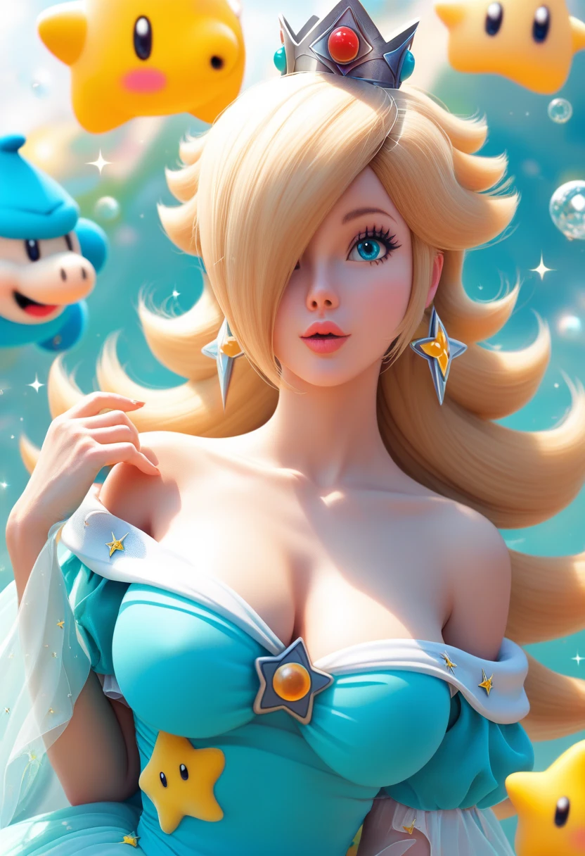 ((Princess Rosalina from super mario bros series))(she has big glowing blue eyes)(bright red lips) (((long blonde straight hairstyle)))((hair cover half left face)))(dark eyeshadows make up)((very huge breasts)) (perfect slim body) ((wear aquamarine dress, gold crown)) (crown) ((posing sexy in cosmic castle)) (masterpiece, high definition, volumetric lights and dinamic shadows)((masterpiece))(8k)(perfect face)(ultra details) (perfect hands, eyes, and face) (luma star flying around)