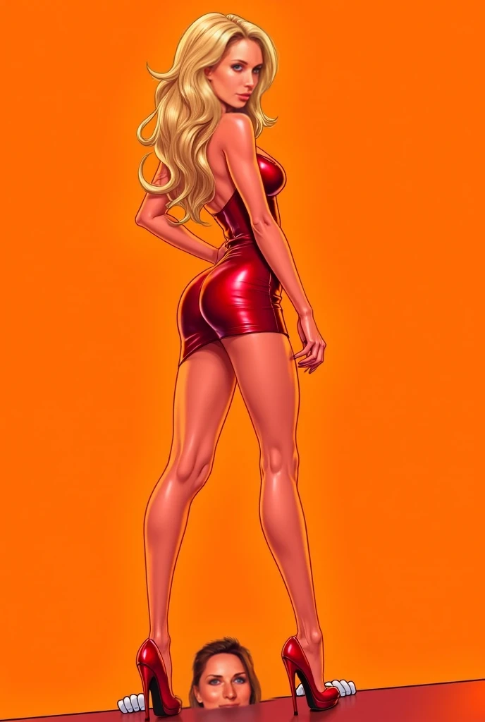 Generate an illustration of a mature Roll, gym leader of megaman , (red dress), hd, holding  all,  de terno preto, blonde hair, long ponytail, shiny hair, (small breasts:1.4), outfit in anime format with a serious style, bellybutton, sneakers, make up, masterpiece, dark lighting, black background, puffy lips,(slendered abs), beautiful face,