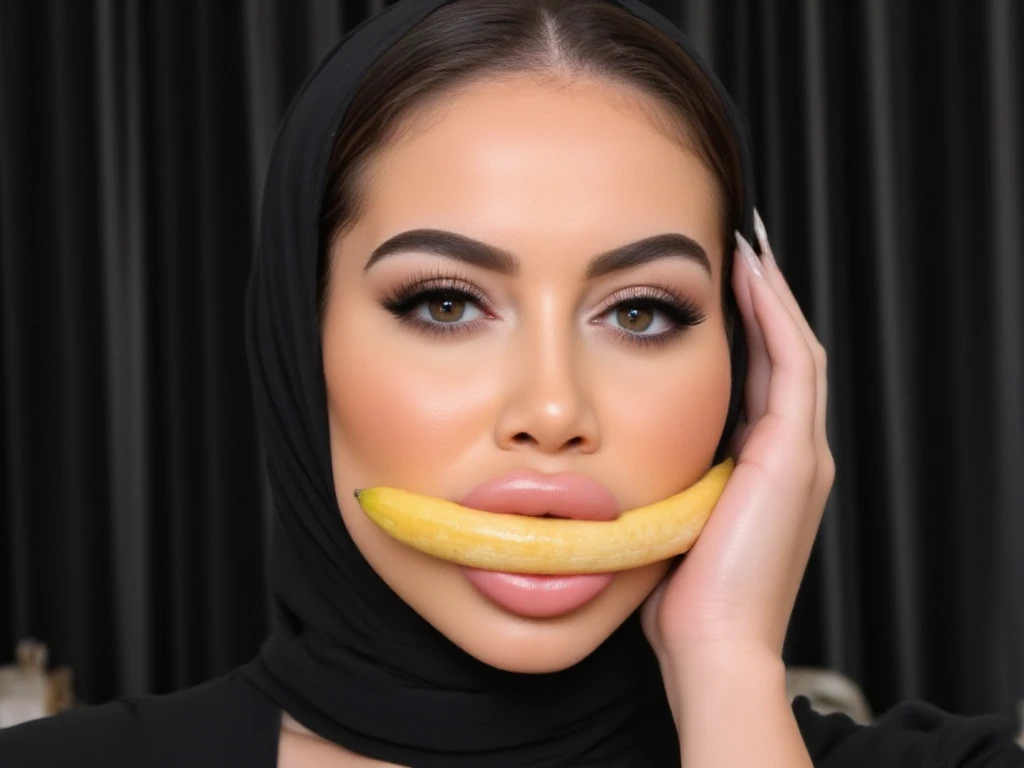 ((5, Indonesian adult woman in hijab, Sugar Granny)) wearing a white transparent pajamas photography portrait, licking a banana covered in white condensed milk, mid-shot photo, ultra detail, professional photo with professional lighting, smile, light blue studio background, curvy body, (VERY BIG BREASTS: 1.4).