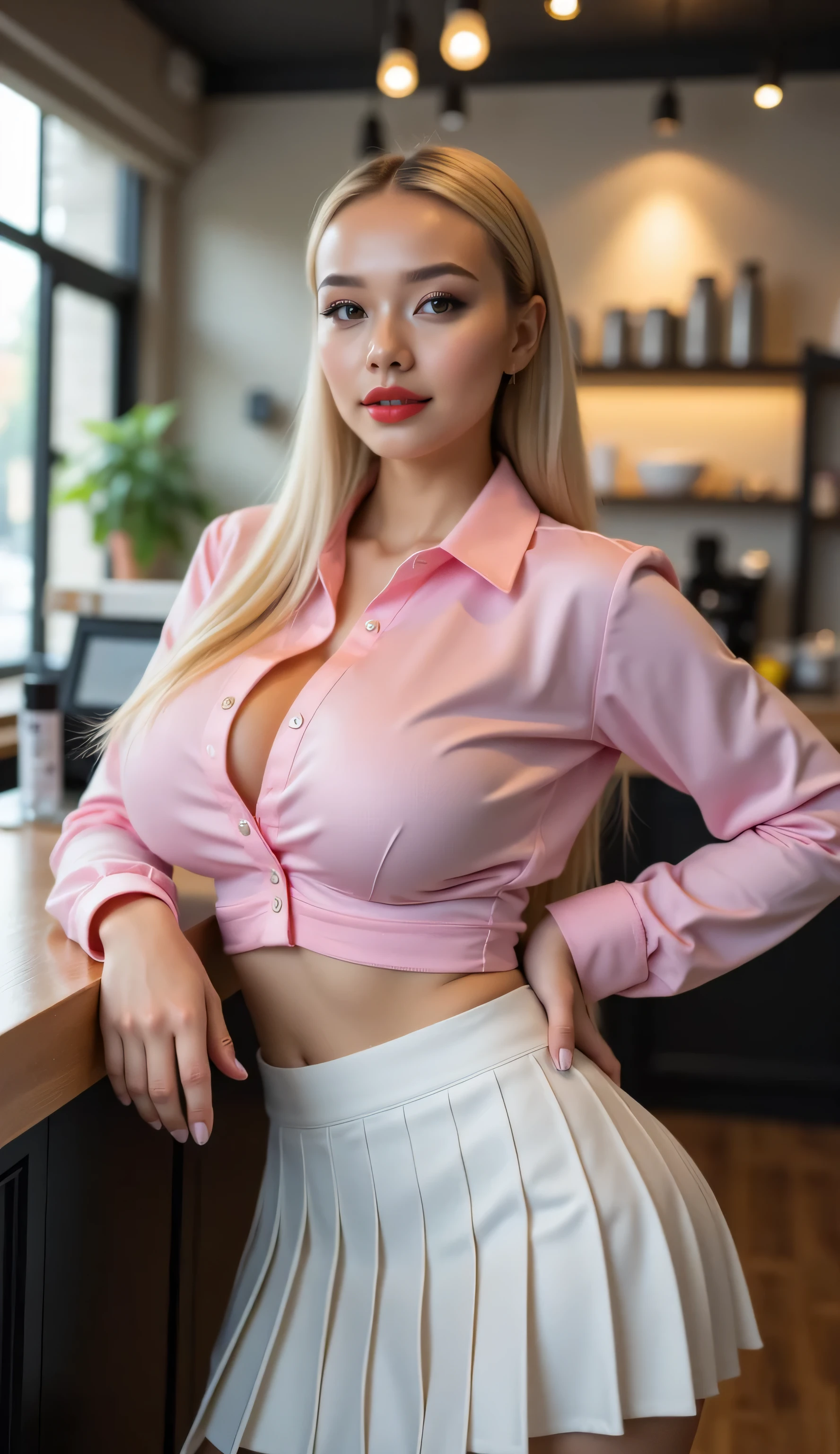 ((best quality, masterpiece, realistic photograph, life-like realism)), athletic girl, pretty, (((photo of skinny female 18year college girl, pink silk shirt buttoned-up, medium-length pleated white skirt, narrow hips))), blackout eyeshadow, red lips, professional photograph, elegant girl, very long blonde hair ponytail with platinum highlights, sharp focus, dramatic, award winning, cinematic lighting, she is leaning lounging on the counter in a bokeh modern coffee shop