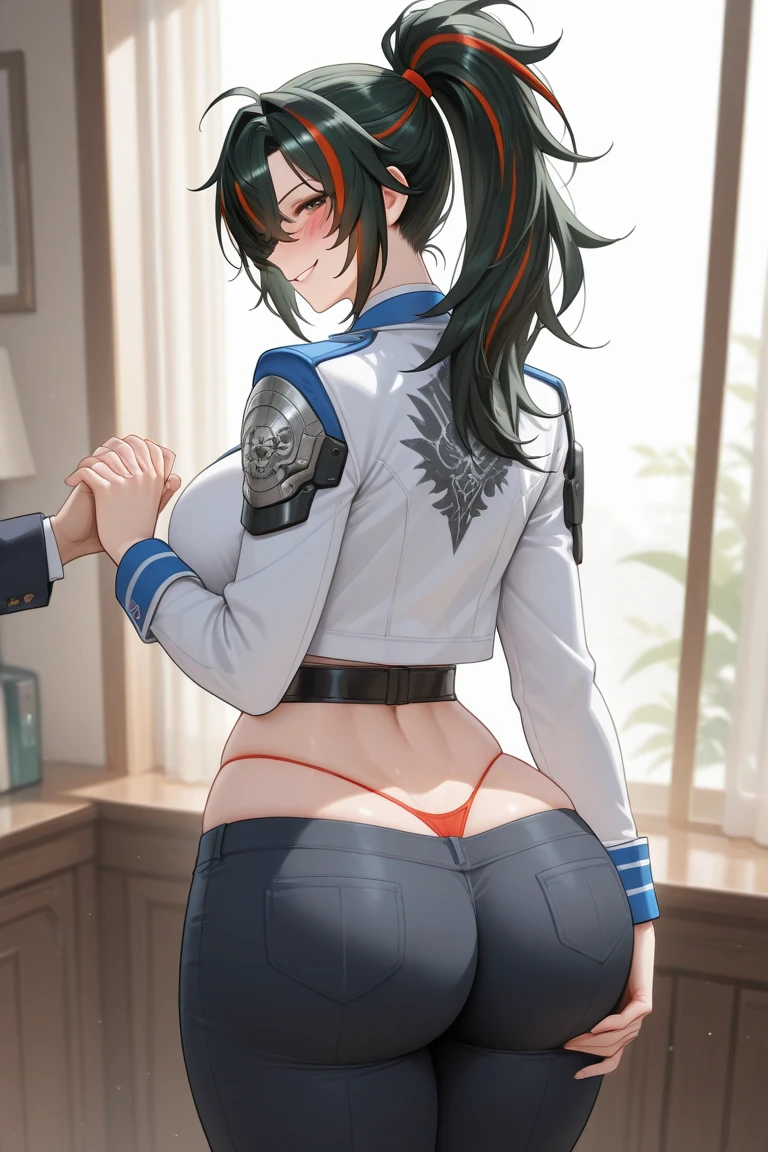 masterpiece, ultra high quality CG, best quality, perfect picture, solo, Laura S. Arseid (long dark blue hair, ponytail and Bang side, yellow eyes, avarege breasts), wearing BLUE panties and red jacket, back, back Photo, Nice ass