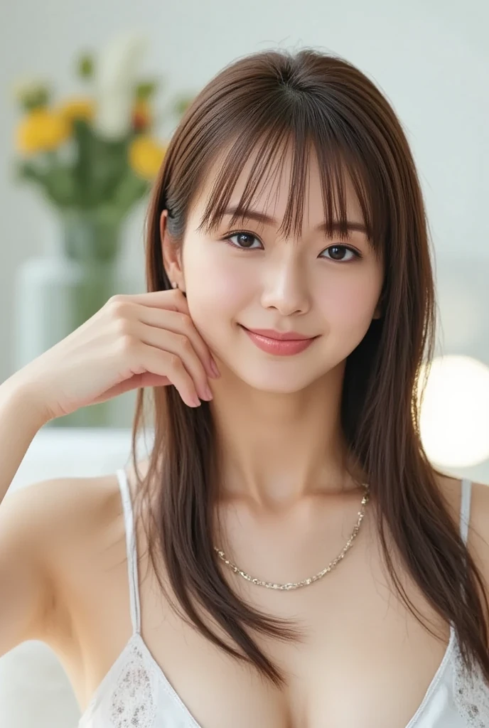 The best quality at its best, masterpiece, Ultra-high resolution, (Photorealistic:1.4), Raw photo, One girl,smile、Put the tip of your index finger in your mouth