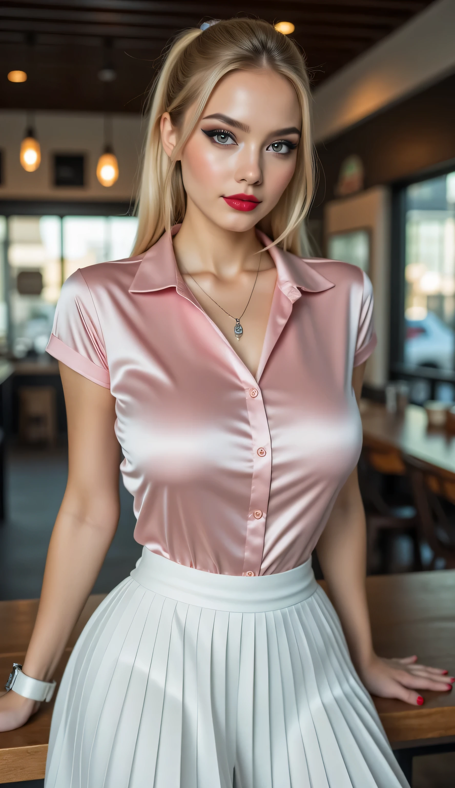 ((best quality, masterpiece, realistic photograph, life-like realism)), athletic girl, pretty, (((photo of skinny female 18year college girl, pink silk shirt buttoned-up, medium-length pleated white skirt, narrow hips))), blackout eyeshadow, red lips, professional photograph, elegant girl, very long blonde hair ponytail with platinum highlights, sharp focus, dramatic, award winning, cinematic lighting, she is leaning lounging on the counter in a bokeh modern coffee shop