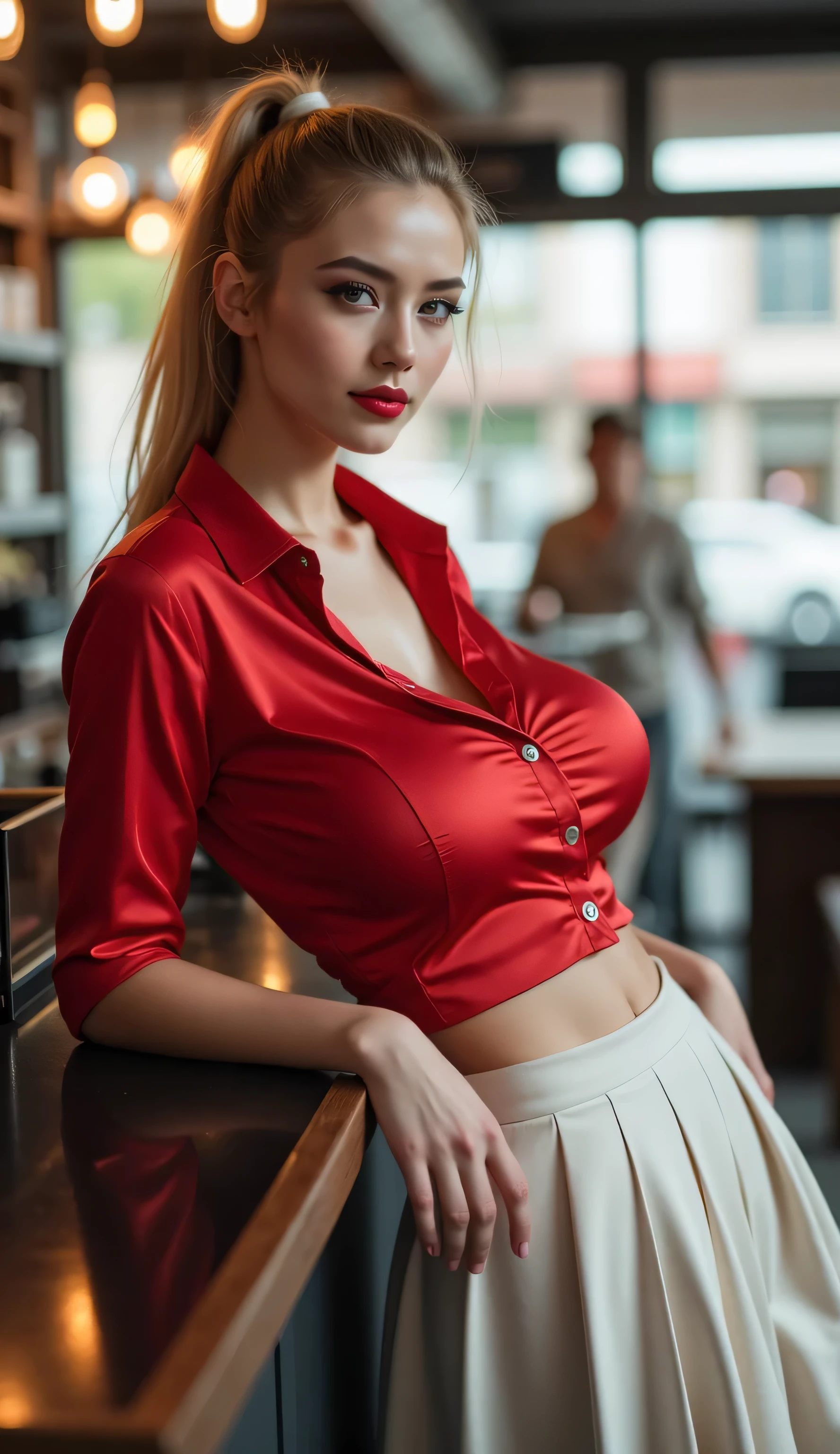 ((best quality, masterpiece, realistic photograph, life-like realism)), athletic girl, pretty, (((photo of skinny female 18year college girl, red silk shirt buttoned-up, medium-length pleated white skirt, narrow hips))), blackout eyeshadow, red lips, professional photograph, elegant girl, very long blonde hair ponytail with platinum highlights, sharp focus, dramatic, award winning, cinematic lighting, she is leaning lounging on the counter in a bokeh modern coffee shop