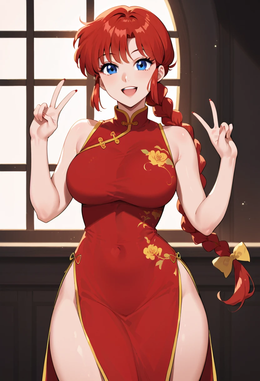 masterpiece, very aesthetic, absurdres, ranma-chan, 1girl, blue eyes, cheongsam, red dress, sleeveless, braid, braided ponytail, breasts, large breasts, looking at viewer, open mouth, red hair, smile, solo, vâââ