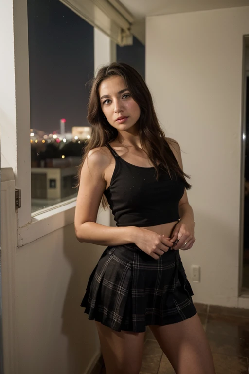 Fat brown haired slavic girl, in short black dress, naughty face, with braids, posing in the room