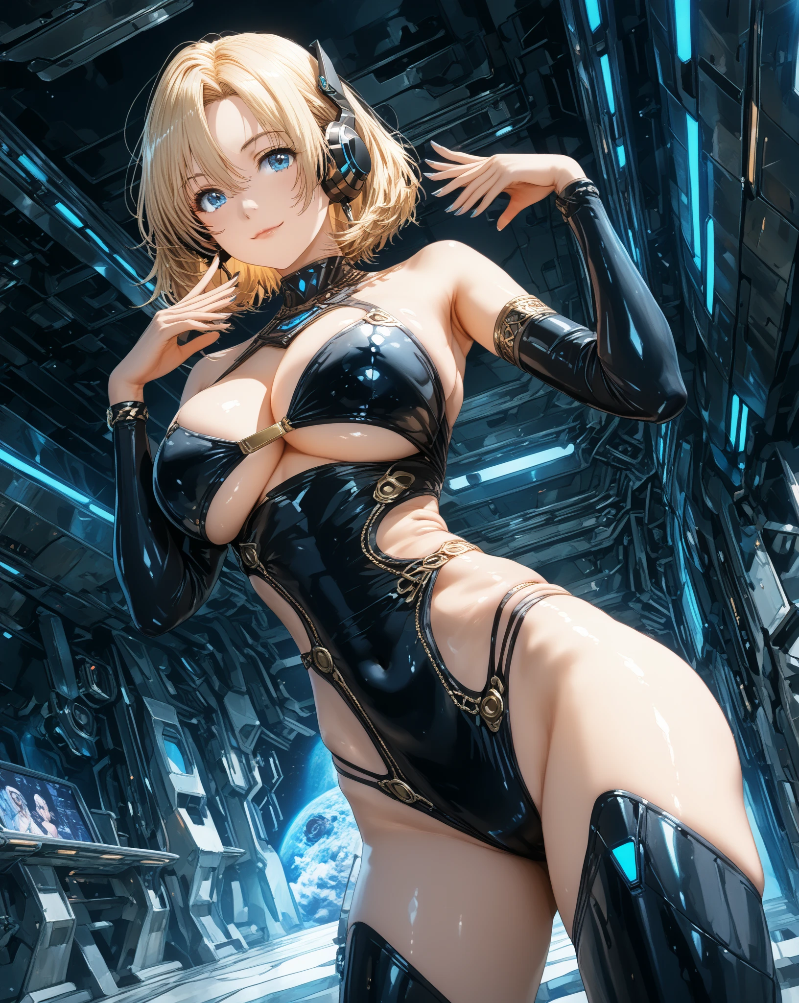 (((masterpiece))), (((best quality))), ((ultra-detailed)), (illustration), ((an extremely delicate and beautiful)), ((super detail)), ((high resolution)), (((20 years old))), metallic cloth, (competition swimsuit), (android), delicate metal decorations, gleaming skin, shiny body, two legs, breast focus, (((tall))), slender legs, ((big round eyes)), cute eyes, drooping eyes, ((adult)), two hands, five fingers, no extra hands, elegant smile, braid, medium length hair, ((metallic blue)), (see-through), (dark blonde), (ultra-huge breasts), (shining brightly), outdoor, mini skirt, city, daytime, ((biopunk)),