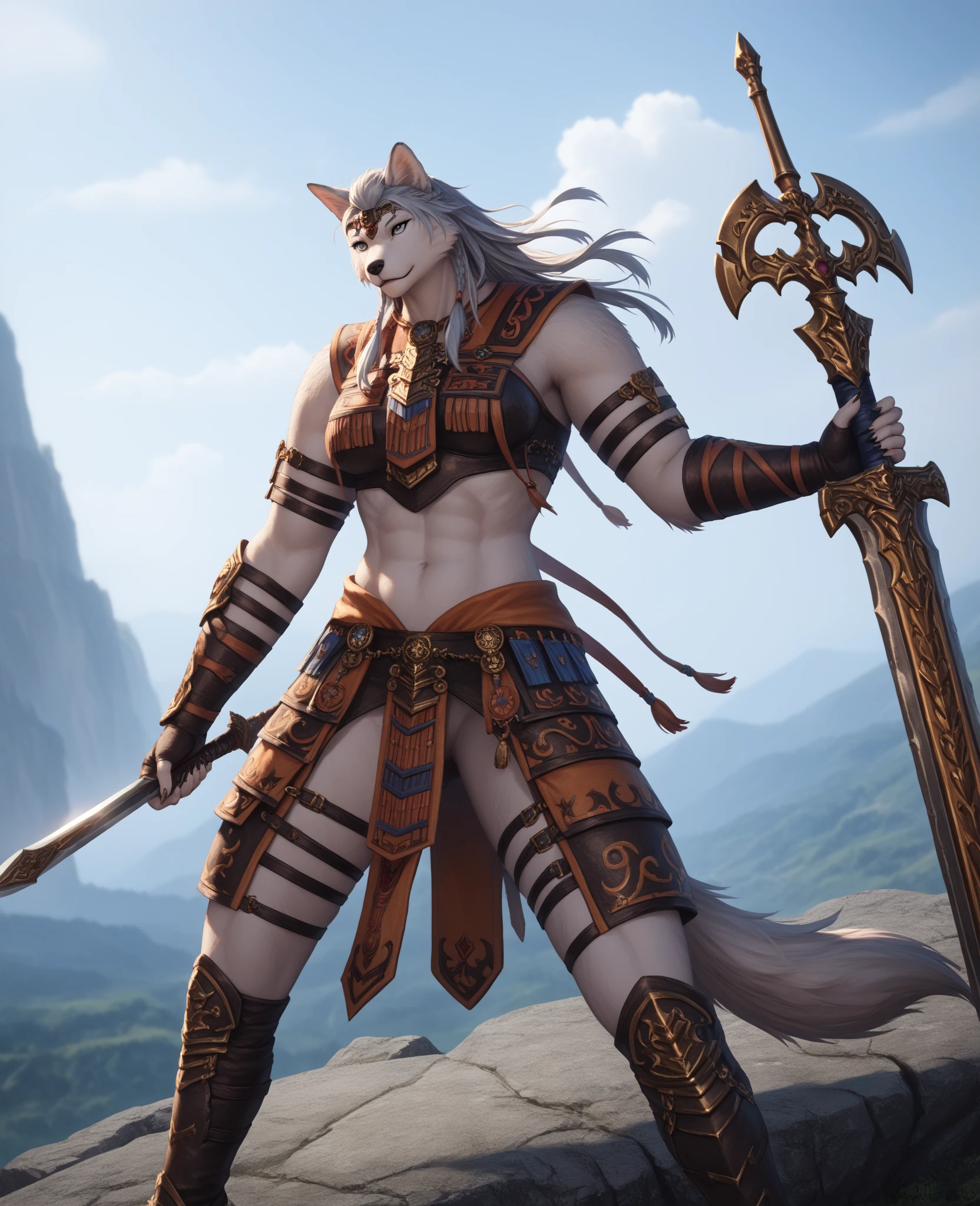"A brave female wolf furry warrior with silver and gray fur, wearing ornate fantasy armor with fur details, holding a glowing sword, standing on a rocky cliff under a stormy sky, battle-ready pose, powerful and majestic atmosphere, high fantasy style, detailed fur and armor textures, dramatic lighting"
