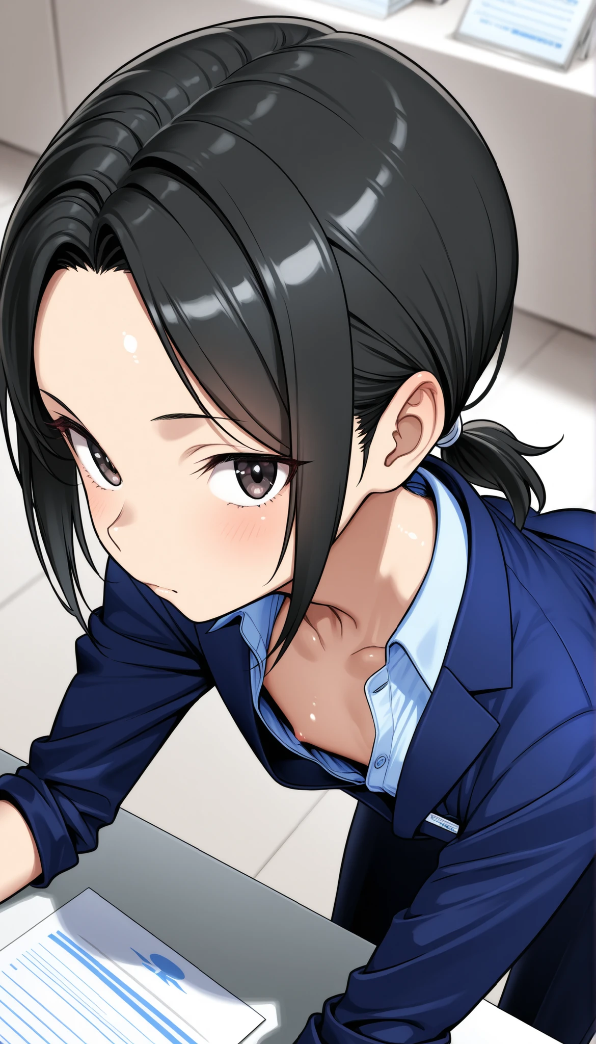 (business woman:1.5)、(ultra flat chest:1.1)、(ultra small chest:1.1)、(nipple visible through gaps in clothes:0.8)、(体型がskinny:1.1)、(black hair,low short ponytail:1.1)、(ultra shiny skin:1.1)、(upper body:1.1)、(bent over:1.5)、(from above:1.1)