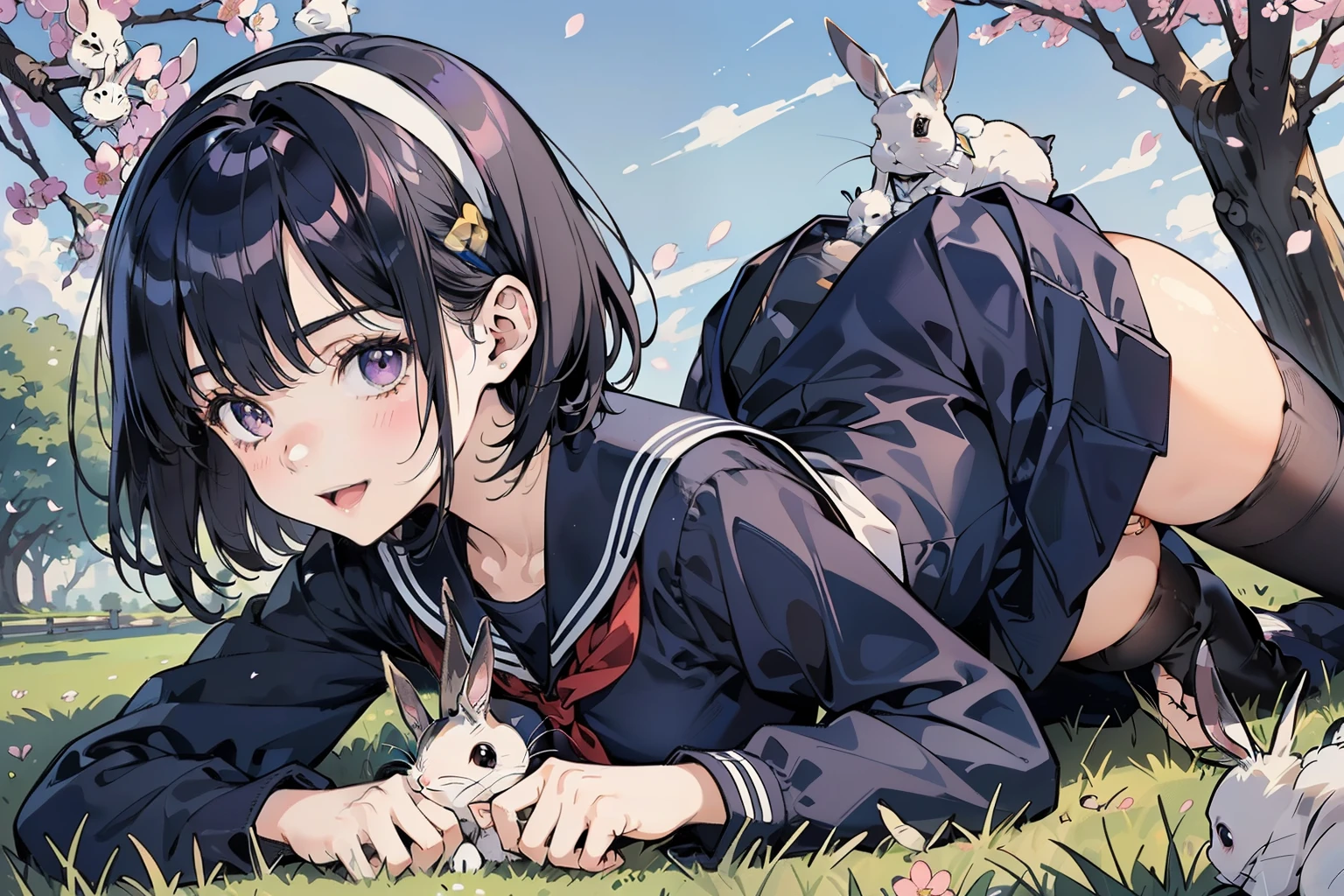 8k, top quality, masterpiece, very detailed, super high resolution, realistic, RAW photos, absolute resolution, small face compared to body under a tree with cherry blossoms, very small face, Black Hair, high school girl wearing a navy blue sailor suit, animated 2D rendering, realistic若いアニメの女子高生, (white headband that connects to pubic hair and buttocks:1.4), purple eyes, small breasts, tall, Slanted Eyes , (School view), bright color, open your mouth, dark blue skirt , bob cut, lie face down, (A female high school student in a navy blue sailor suit playing with rabbits on the ground :1.4), smile,
