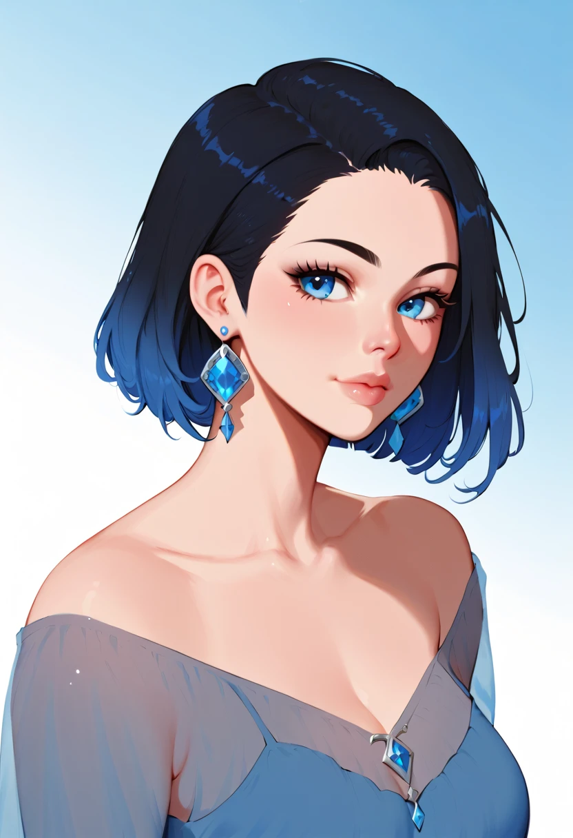 PonyXLV6_Scores, blue theme, ultrasharpdskstyle, gradient overlay, monotone, genderless, long hair, blue eyes, jewelry, blue hair, short hair, earrings, black hair ,  