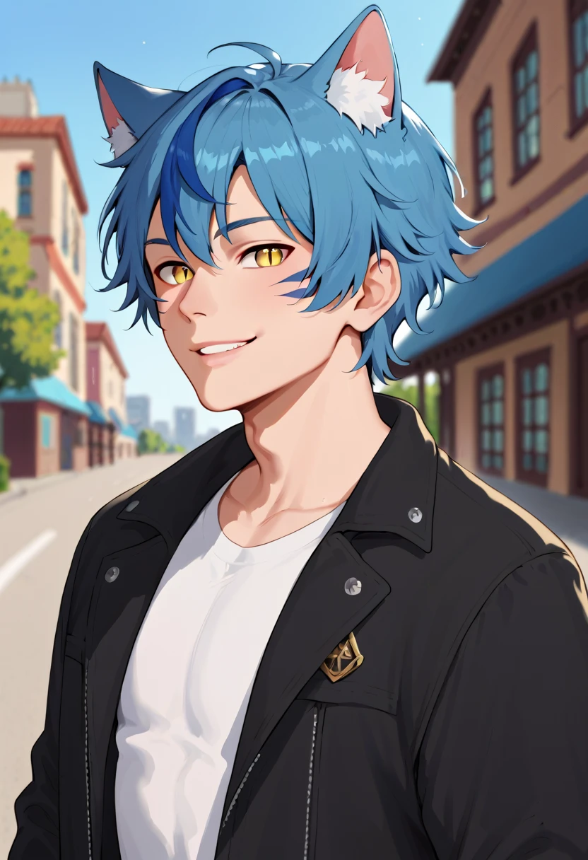 PonyXLV6_Scores, blue theme, ultrasharpdskstyle, solo, 1boy, animal ears, male focus, jacket, black jacket, shirt, looking at viewer, blue hair, white shirt, parted lips, cat ears, yellow eyes, outdoors, blurry background, smile, medium hair, slit pupils, bangs, blurry, upper body, facial mark, open jacket, multicolored hair, cat boy, building, open clothes, portrait,  