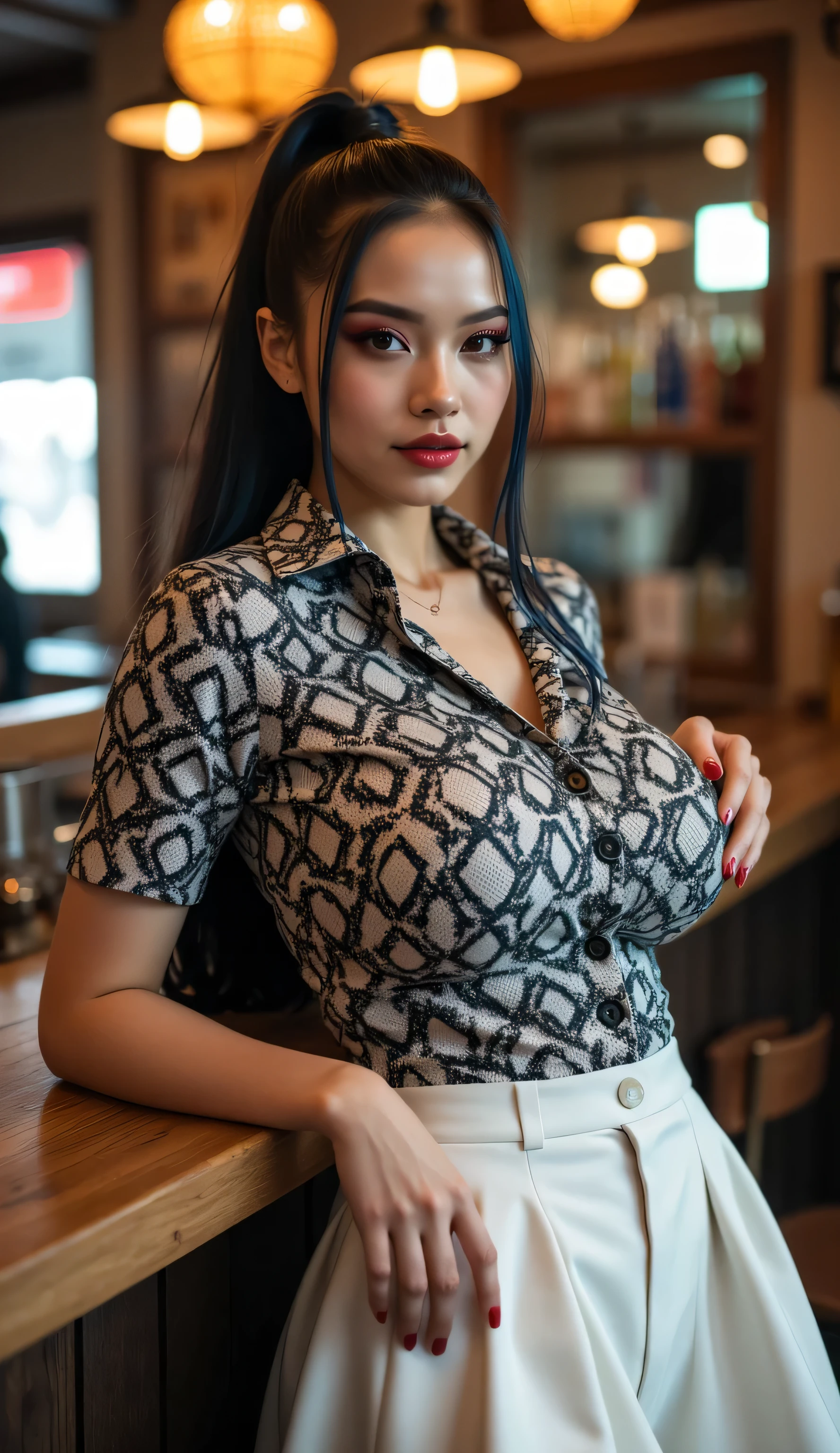 Photo of a 20 year old woman with long black hair, in a short white cocktail dress sitting at the bar of a nightclub looking at the camera, she is tattooed and wearing a necklace and high heels, the area is neon lit and there are glasses on the bar. Nikon D850 with Nikon AF-S VR Micro-NIKKOR 105mm f/2.8G IF-ED Lens, -- style raw --ar 3:4 --s 550 --v 6.0(((big breast )))