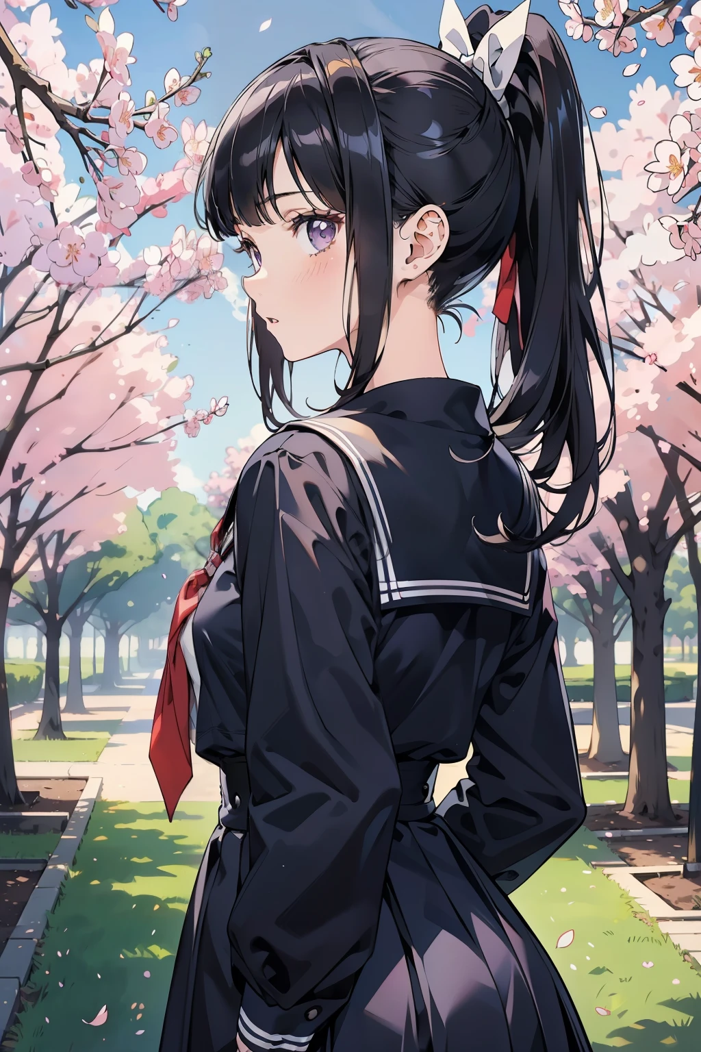 small face compared to body under a tree with cherry blossoms,8k, top quality, masterpiece, very detailed, super high resolution, realistic, RAW photos, absolute resolution, Black Hair, navy blue sailor suit, dark blue skirt , navy blue sailor suitを着た女子高生, animated 2D rendering, realistic若いアニメの女子高生, (white headband that connects to pubic hair and buttocks), purple eyes, small breasts, tall, Slanted Eyes , School view, Black Stockings, bright color, Please open your mouth a little, ponytail, Tie your hair with a white ribbon, Sprint at full speed , 揺れるponytail, full body shot , long skirt,