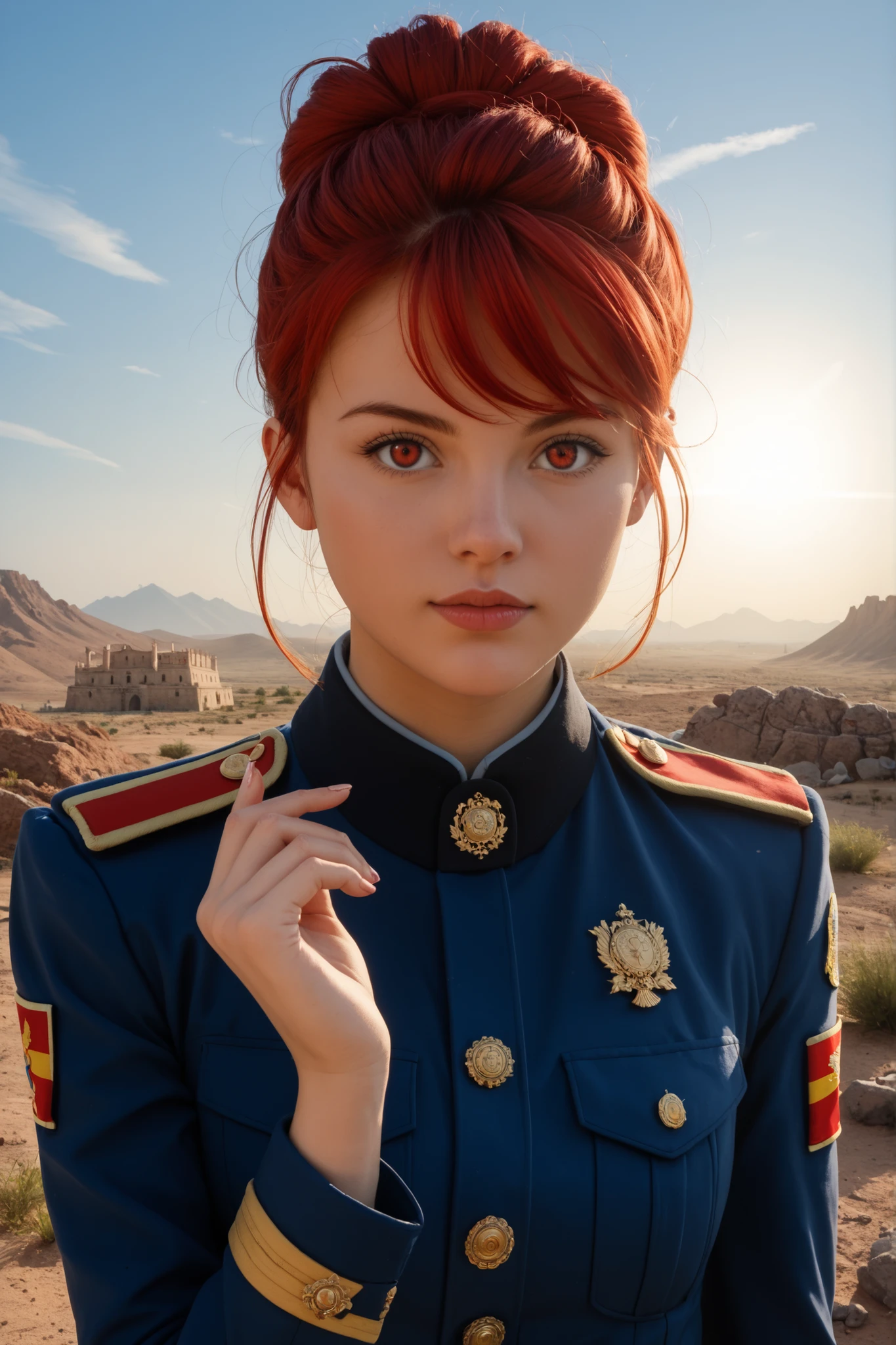 masterpiece, illustration, ((Far away in the desert , The huge military fortress of Babu made of stone )), (Babetta ), light blue sky , Sunlight, [fog, Shadow , Dark grass and stones , Unsuitable for habitation , [ Wasteland , nature, (mountains), Unsaturated , (young girl in dark blue coat walking to a castle in the distance), Medium length red hair, Moscow , USSR, ( Red-eyed dark dragon flies in the air above the fortress )