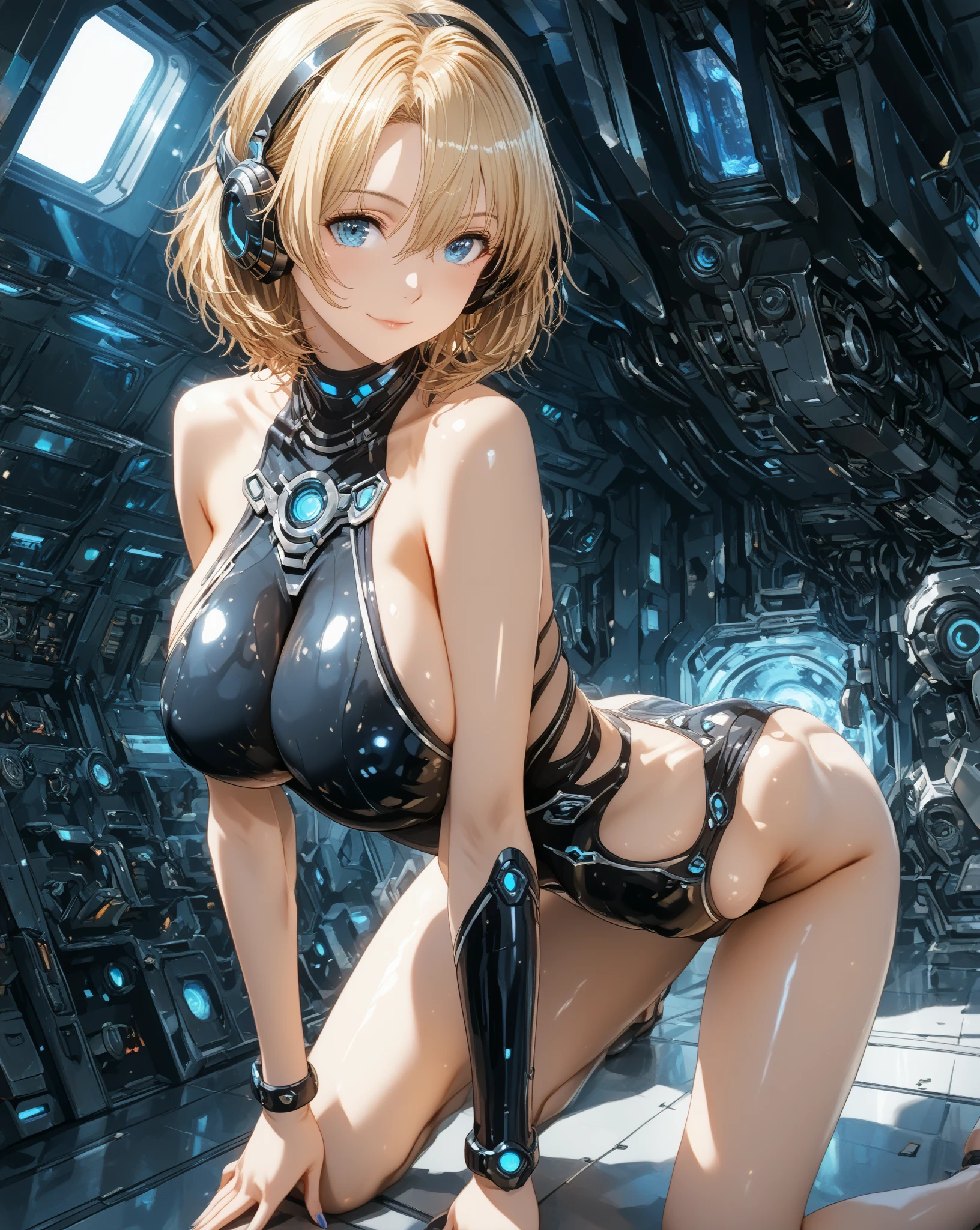 ((Highest quality)), ((Perfect Anatomy)), ((masterpiece)), (detailed:1.4), 3d, detailedな筋肉のリアルなmasterpieceを持つカメラを見ている美しいサイバネティックガール, Beautiful cyberpunk woman image,High resolution (High Dynamic Range),Ray Tracing,NVIDIA,Super Resolution,Unreal 5,Scattered beneath the surface,PBR Texturing,Post-processing,Maximum clarity and sharpness,Multilayer Texture,Albedo and Specular Maps,Surface Shading,Accurate simulation of light-matter interactions,Perfect Proportions,Octane Rendering,Two-tone lighting,wide aperture,Low ISO,White balance,Three-part method,8K RAW, Active Pause, Action pose, (Gold Parts), fringe, whole body, Emerald Blue Eyes, very beautiful shorthair, (Big Eyes), (A faint smile), ((Very elegant)), ((Very luxurious)), ((Very large room)), (Suite Room), (From above),masterpiece,8k,(Silicone Skin), ((In-focus photo)), ((Focused photos)), ((People are not blurred)), 4K,Blonde、Attractions、A beautiful, high-contrast, rainbow-hued costume、Tight clothing ,sprawl ,Heart symbol,(Glowing Skin、Pink and blue light source),huge , ((Heavy breathing:1.3)), , Little devil smile, Angle from below、、throw、((Illuminated by neon and black lights)))、Dancing, (with a gun in hand)、((Two perfect hands))、((Perfect Five Fingers))、
