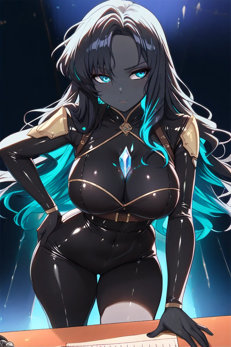 (Masterpiece, best quality, beautiful eyes, highly detailed, high res, anime), 1 girl, wolf ears, wolf tail, black hair, yellow eyes, wide hips, thick thighs, massive breasts, massive cleavage, black leather armor, tall women, mature women, sexy, tight clothes, leotard, stilettos, tight highs, Standing, thick body, mommy, prideful stare,
