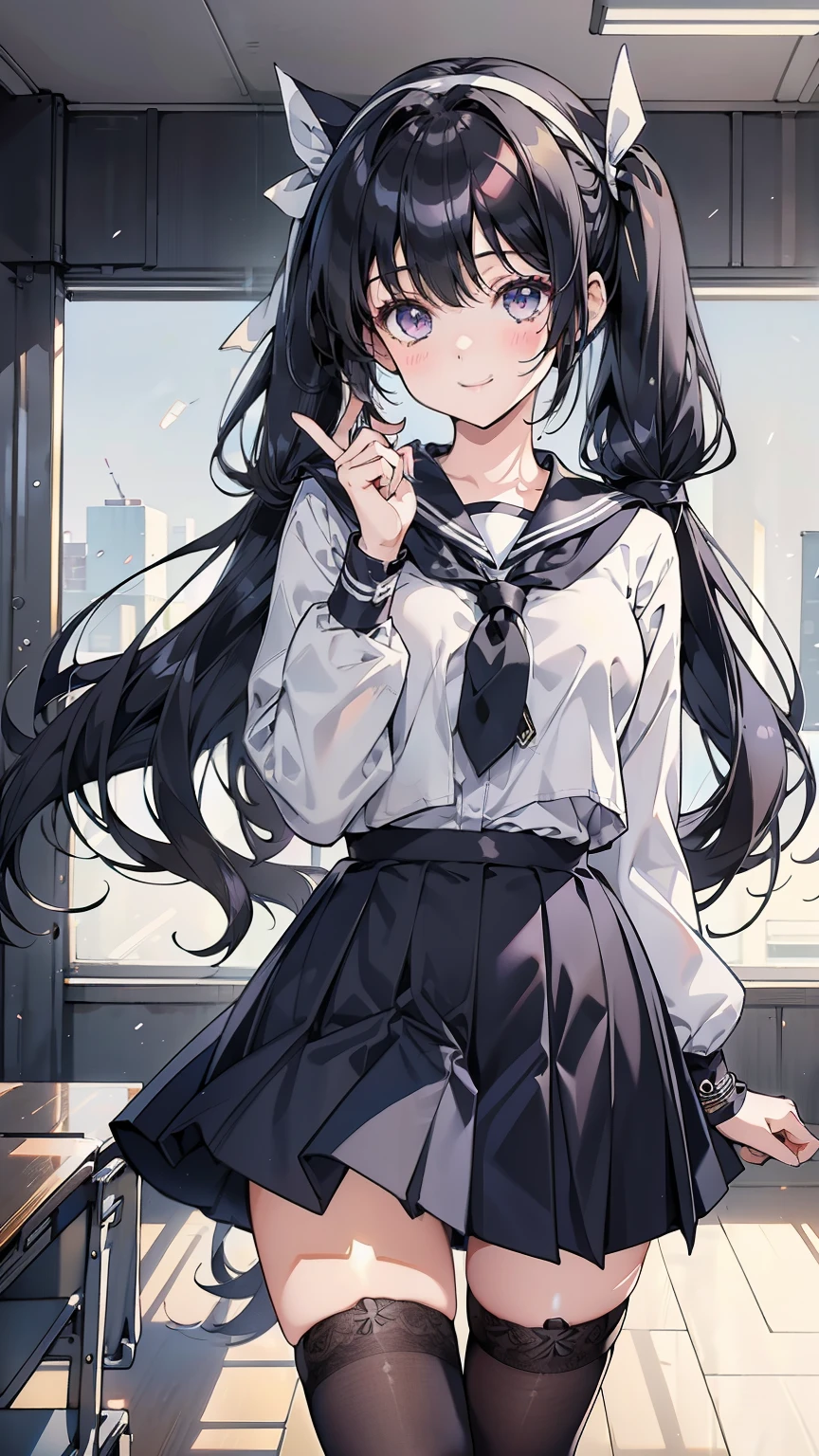 8-head body, (Very detailed CG Unity 8k), (top quality),(very detailed),(super high resolution), Black Hair, high school girl wearing a navy blue sailor suit, animated 2D rendering, realistic young anime high school girl, (White headband that connects pubic hair to buttocks), smile, purple eyes, small breasts, tall, Slanted Eyes , Classroom View , Black Stockings, bright color, Destroy。open your mouth slightly, dark blue skirt , twin tails, Tie your hair with a white ribbon,