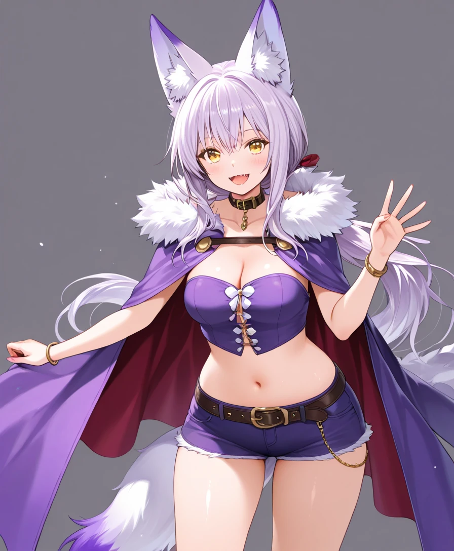 Adult woman, short purple hair with white strands, Fox ears, violet eyes, Chinese Battle Dress, neckline on the chest, open belly, tight pants, Fox tails, angry, Masterpiece, hiquality