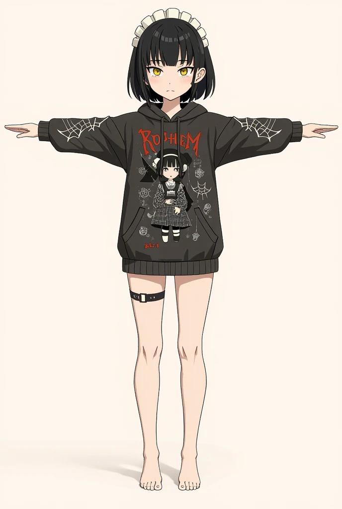 best quality, super fine, detailed black eyes, 16k, incredibly absurdres, extremely detailed, emo highschool girl opening the door inviting you, looking at camera, tilt head, emotionless expression, punk fashion, long black hair, black collar, weird long-sleeves oversized hoodie, full body, dim lights, (magnificent view:1.1)