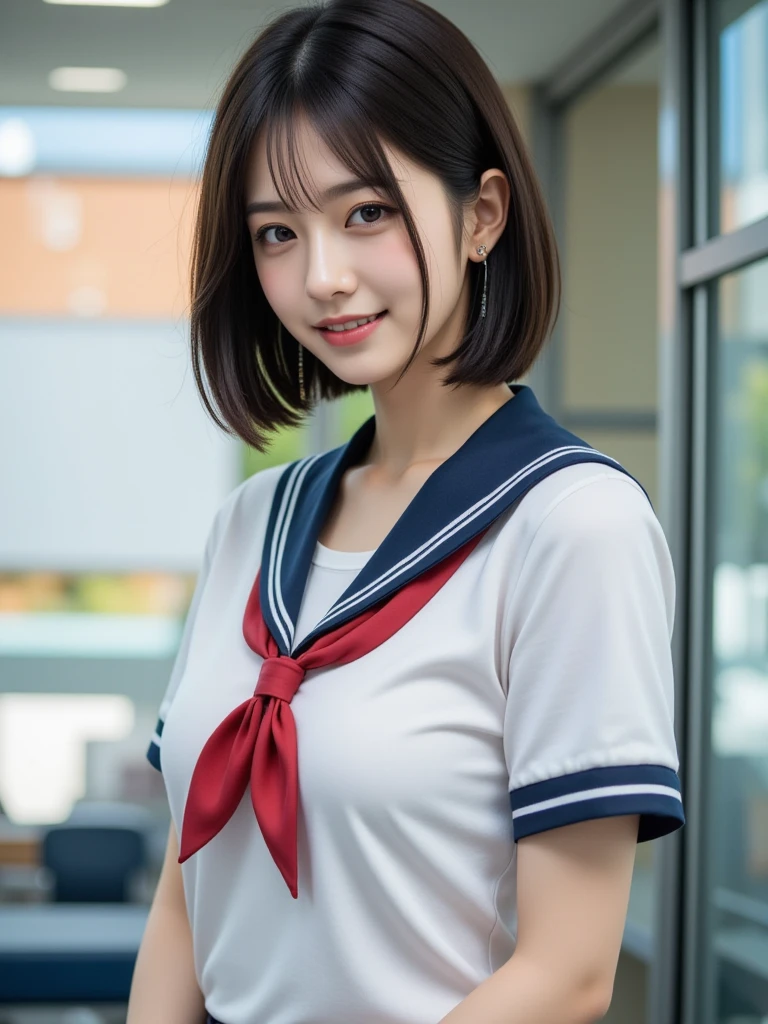 waving, slender legs, ponytail, unparalleled beauty, cute face, best smile, cute smile, frontal, slender, straight hair, school, ulzzang-6500-v1.1, (raw photo: 1.2), (photorealistic: 1.4), beautiful detailed girl, very detailed eyes and face, beautiful detailed eyes, huge file size, high resolution, very detailed, best quality, masterpiece, (( Japan Girls' High School Uniform)), very detailed, CG, 8k wallpaper, fantastic, fine detail, top quality, highly detailed CG uniform, light on face, movie lighting, girl,