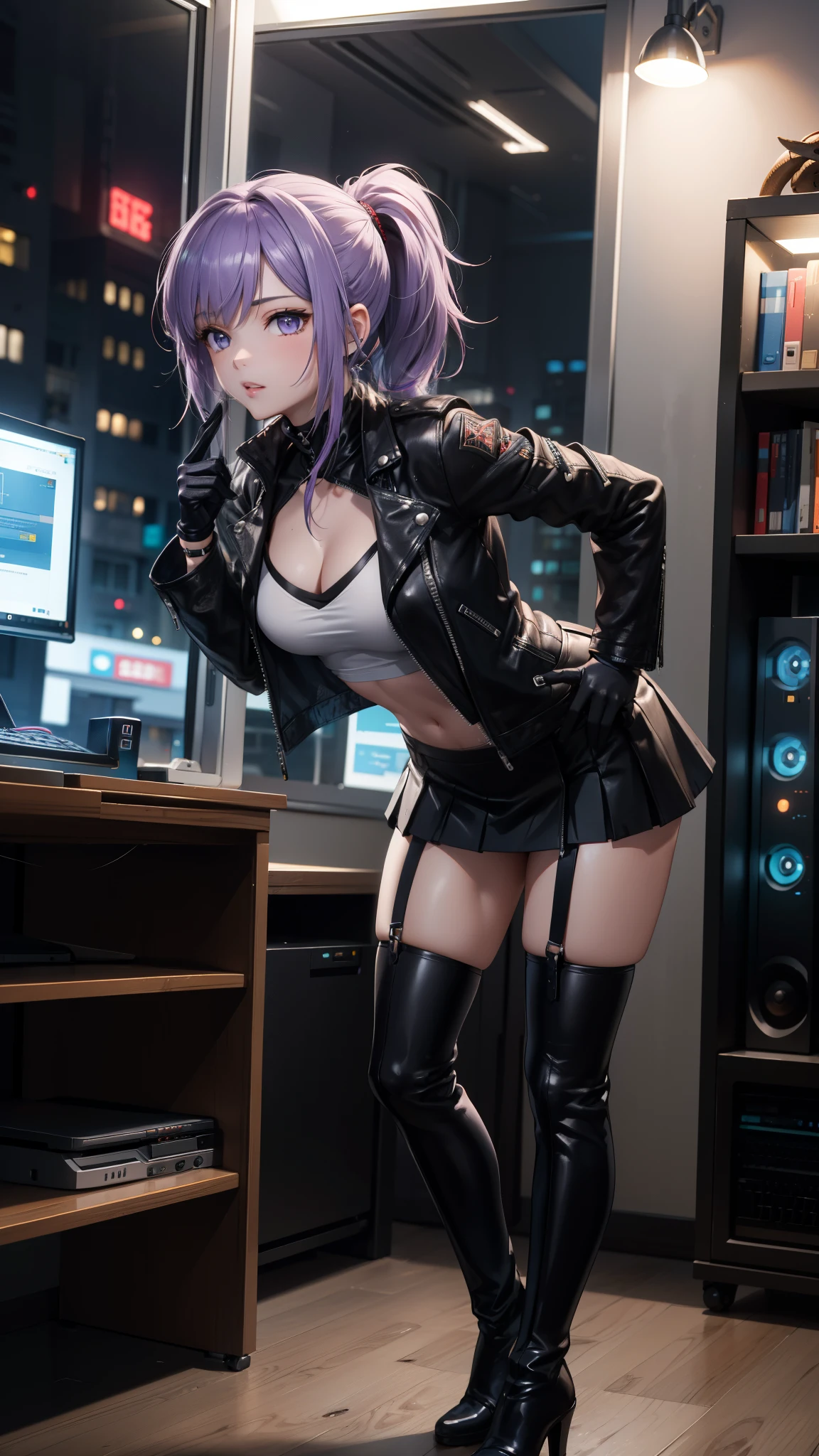 (masterpiece, better quality, detailed), a chic, Alone, standing, sexy pose, ((body leaning forward)), ojos detaileds, purple eyes shirt, Lavender hair short ponytail, Love, medium breasts, sensual lips, ((harness on the torso)), ((black leather jacket)), (black gloves, ((short school miniskirt)), ( brown stockings), (black boots), room with cyberpunk style gamer computer, (at night)