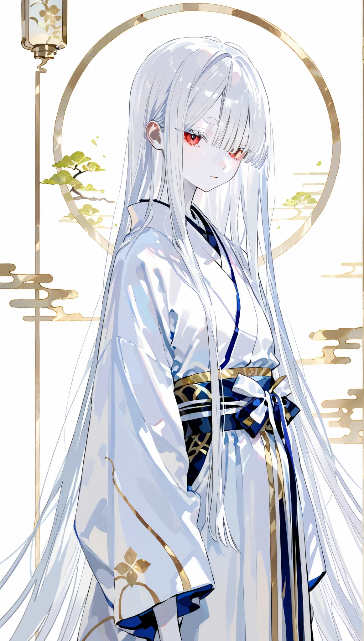 perfect anatomy、27Woman of age、 albino、 very white skin 、white hair、White eyebrows、very long straight hair、Hair that reaches down to the waist、Unhealthy skin color、close your eyes、white kimono、calm、standing、white background