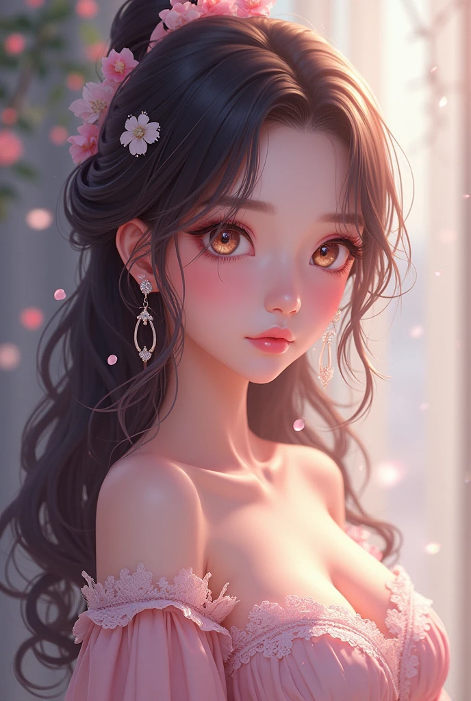 anime girl in pink wet clothes, Realistic Shadows, Detailed skin, Very small breasts, Black hair, Hair Ribbon, Very detailed, 8K highly detailed face, Perfect face shape, Perfect lips, Perfect nose, Correct beautiful eyes, Watching Viewer, masutepiece, Best Quality, Single Girl, No bra, No panties, Solo