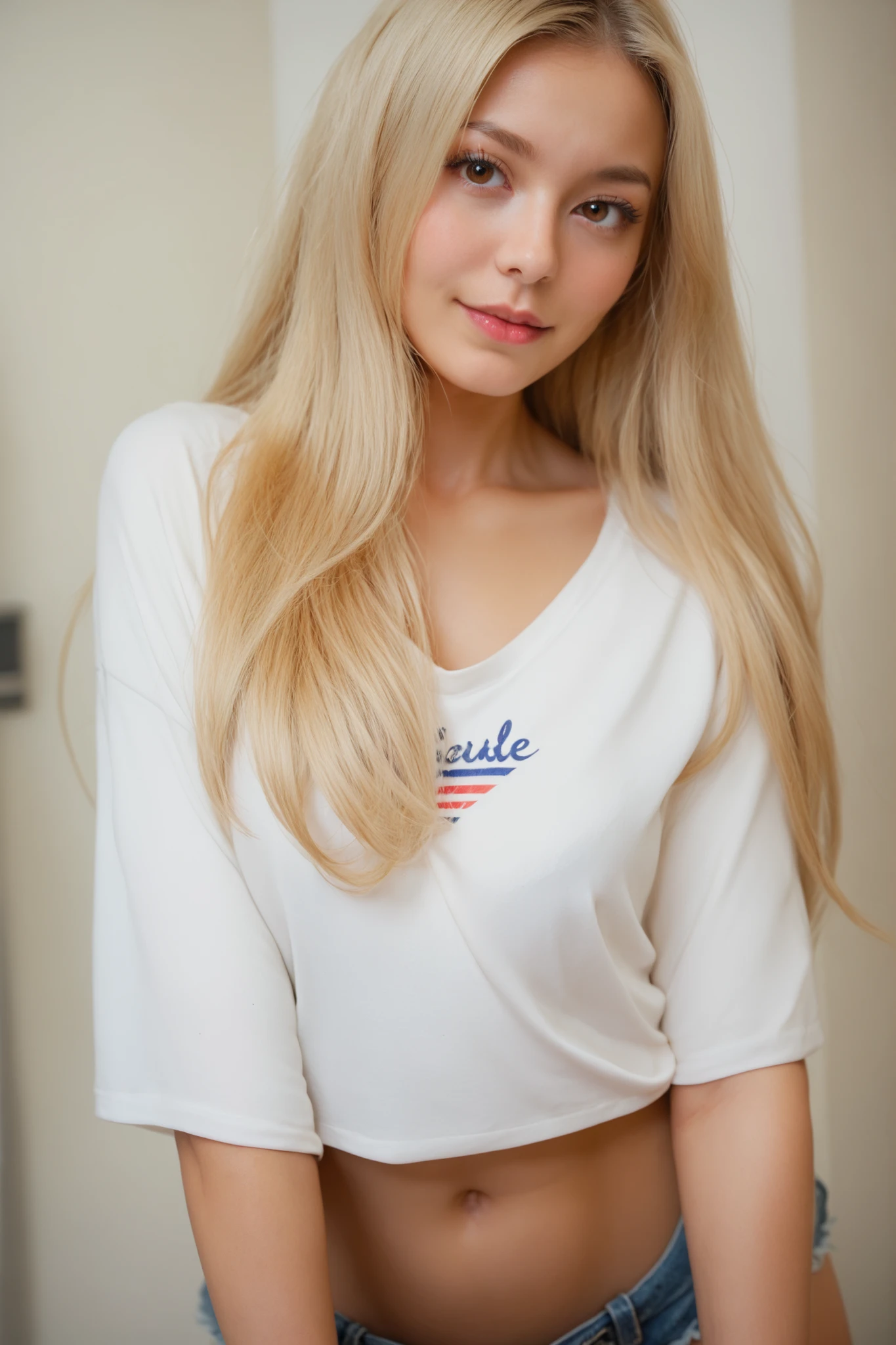 Blondie,she have a hot 沙漏身體 with huge tots and bubble butt, (She is not looking at the camera), Brown Eyes, (blonde Long hair), realistic and Fine Face , Beautiful woman , , Fine Face , masterpiece,, 超級詳細和realistic的8K美麗模特, Long hair, 沙漏身體 , athletic body, She wears skimpy denim shorts and a loose T-shirt, sexy, realistic.