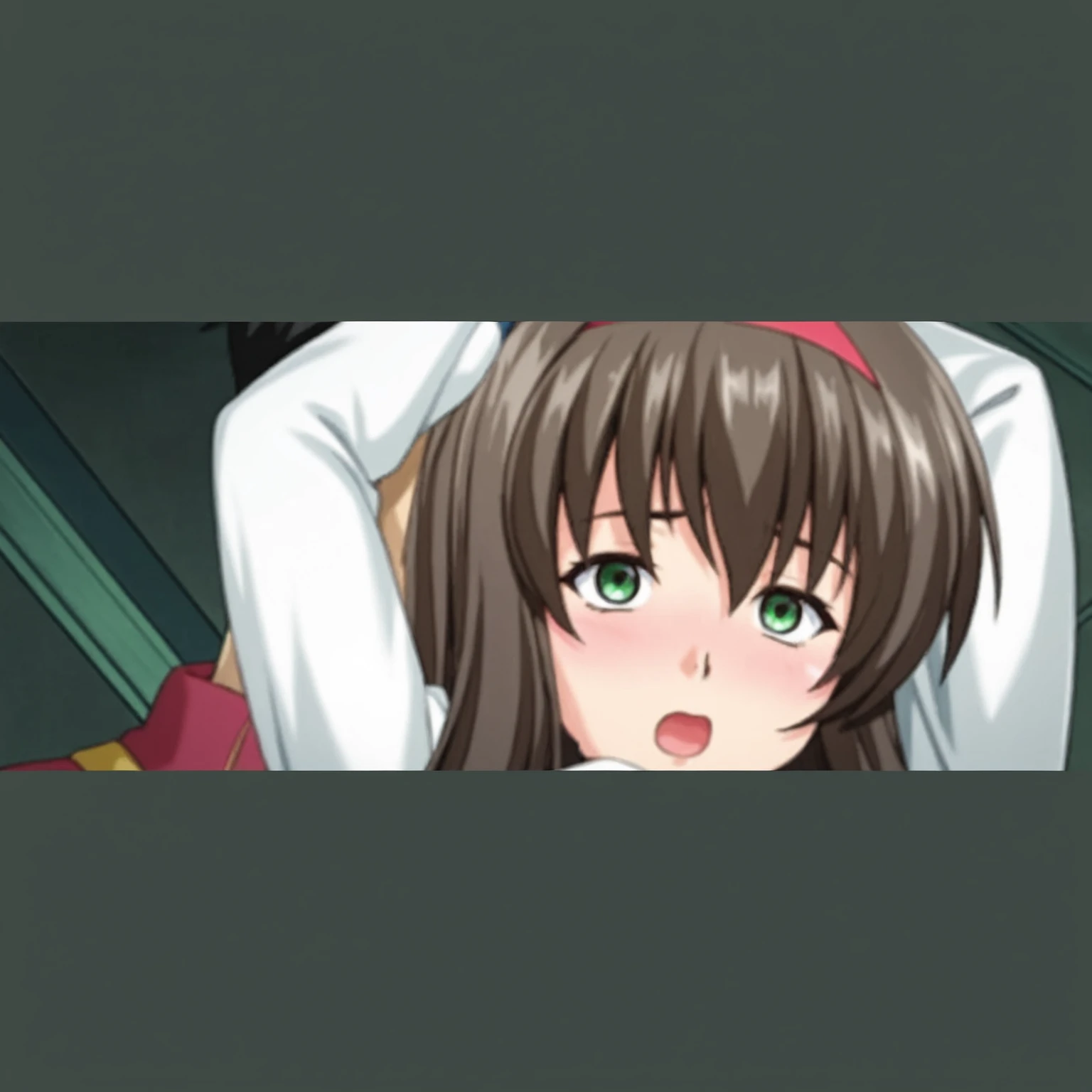 Lying down on her tummy, girl, skirt up, black skirt, long hair, no panties, flushed buttocks, brown hair, headphones, red hoodie, black socks, green eyes, palm marks, punishment, crying, time-out