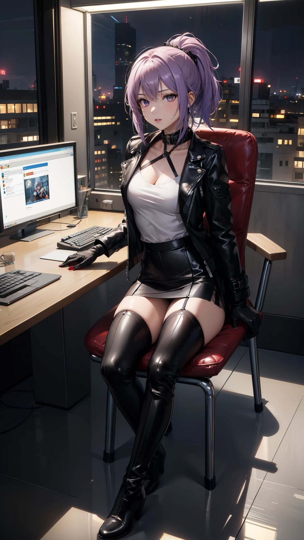 (masterpiece, better quality, detailed), a chic, Alone, ((sitting on a chair)), ojos detaileds, purple eyes shirt, Lavender hair short ponytail, Love, medium breasts, sensual lips, ((harness on the torso)), ((black leather jacket)), (black gloves, ((short school miniskirt)), ( brown stockings), (black boots), room with cyberpunk style gamer computer, (at night)