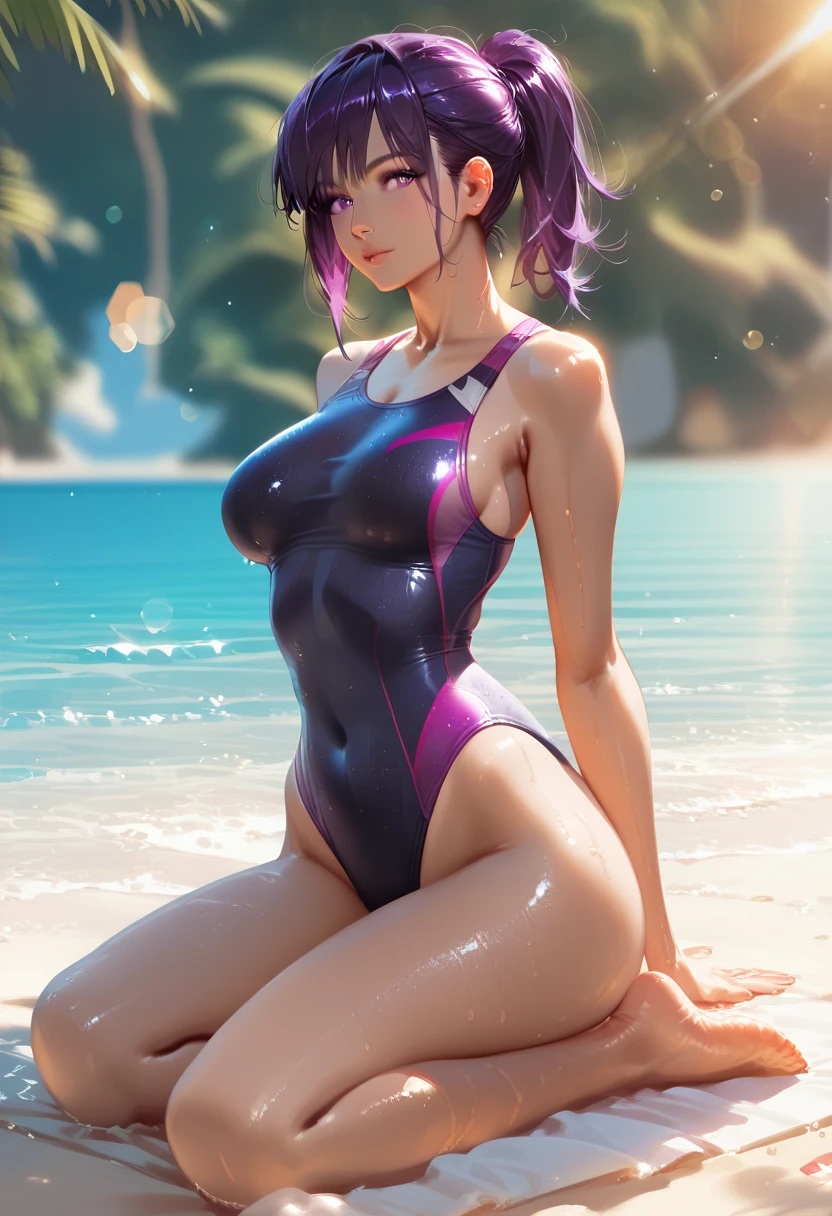 1girl, ass, breasts, swimsuit, large breasts, long hair, blurry, one-piece swimsuit, solo, ponytail, purple eyes, tying hair, bangs, looking at viewer, blush, ass, big ass, thighs, thighhighs, high school background, from behind, looking back, purple hair, highleg, arms up, tile wall, tiles, depth of field, highleg swimsuit, indoors, sidelocks, white and blue swimsuit, black choker