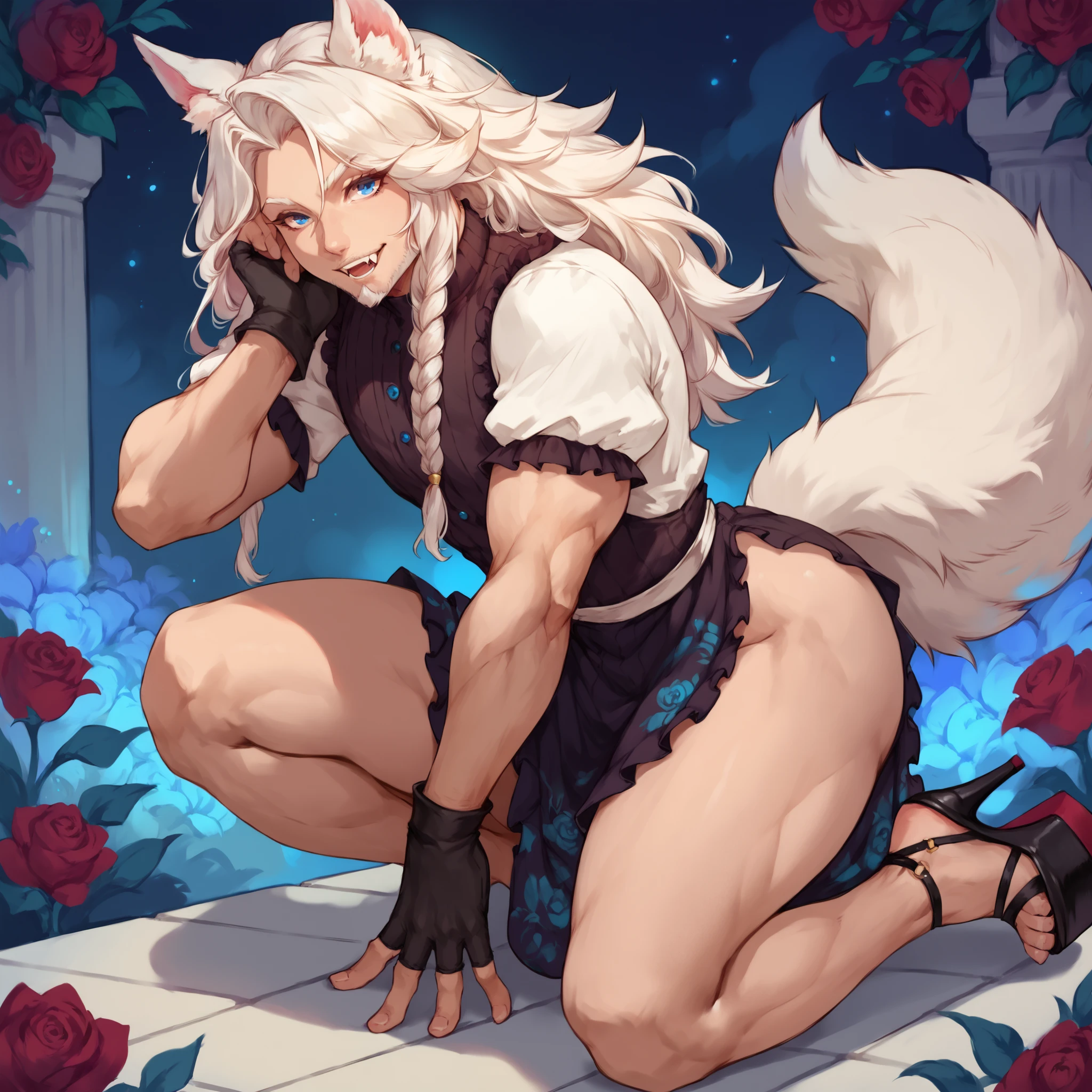 Muscular male wearing cute pink panties and thigh high socks, has long flowing white hair, has wolf ears, has wolf tail, wearing lingerie, sweaty, is alone, solo, looks embarrassed