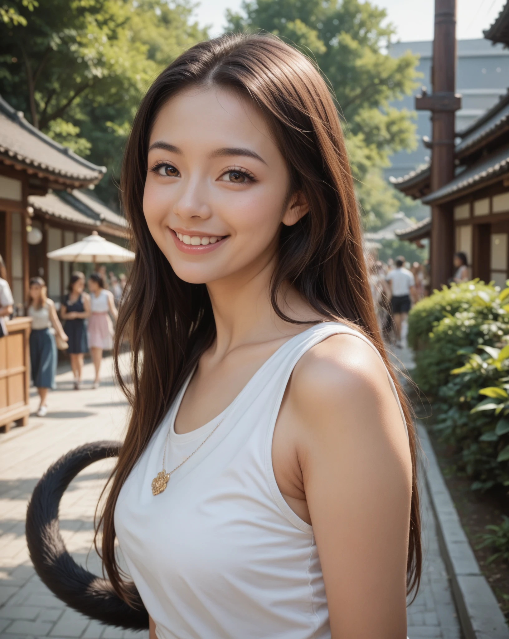 (8K,Raw photo、Raw photo、top-quality、Master masterpiece:1.2)、ultra-detailliert、Super Resolution、(Photorealsitic:1.3)、Angle to shoot from the front、Clearly draw shades of light、high resolution RAW color photos、professional photograpy、Same skin type as humans、Female proofreading of Japan from head to waist、Blur the background、Draws faithfully to anatomy、cafes、Very detailed and beautiful、Ultra-high image quality、long、Hair swaying and sexy、Very detailed beautiful girl、(Pink Eye Shadow)、smil、Plain clothe、The upper part of the body、Park on a sunny day