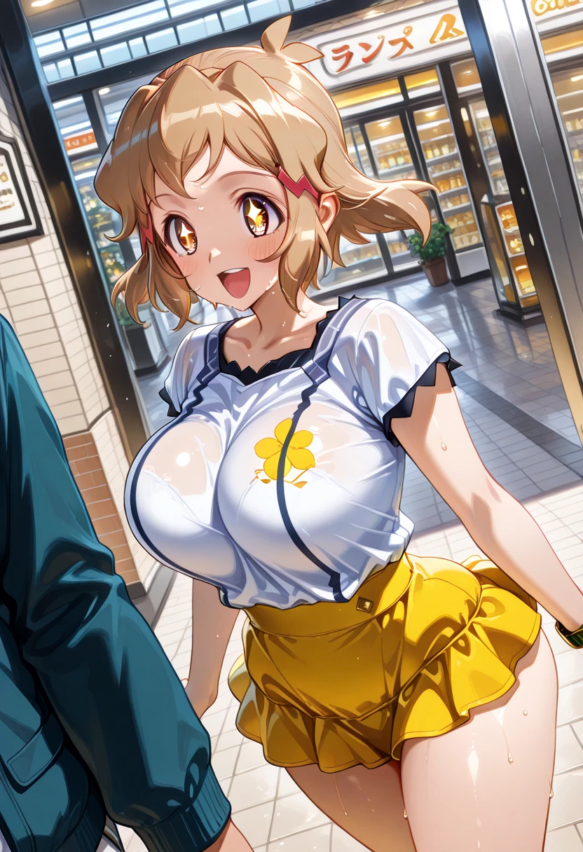 mari ohara, long hair, bangs, blonde hair, hair ornament, (yellow eyes:1.3), braid, medium hair, hair rings, crown braid,、 empty eyes Running, wearing nothing, big anime eyes, , shiny hair, bare-skin, navel, the groin, BREAK in front of convenience store, large breasts、 Nipples, nsfw, nipple , wet, Flooding. sea. solo