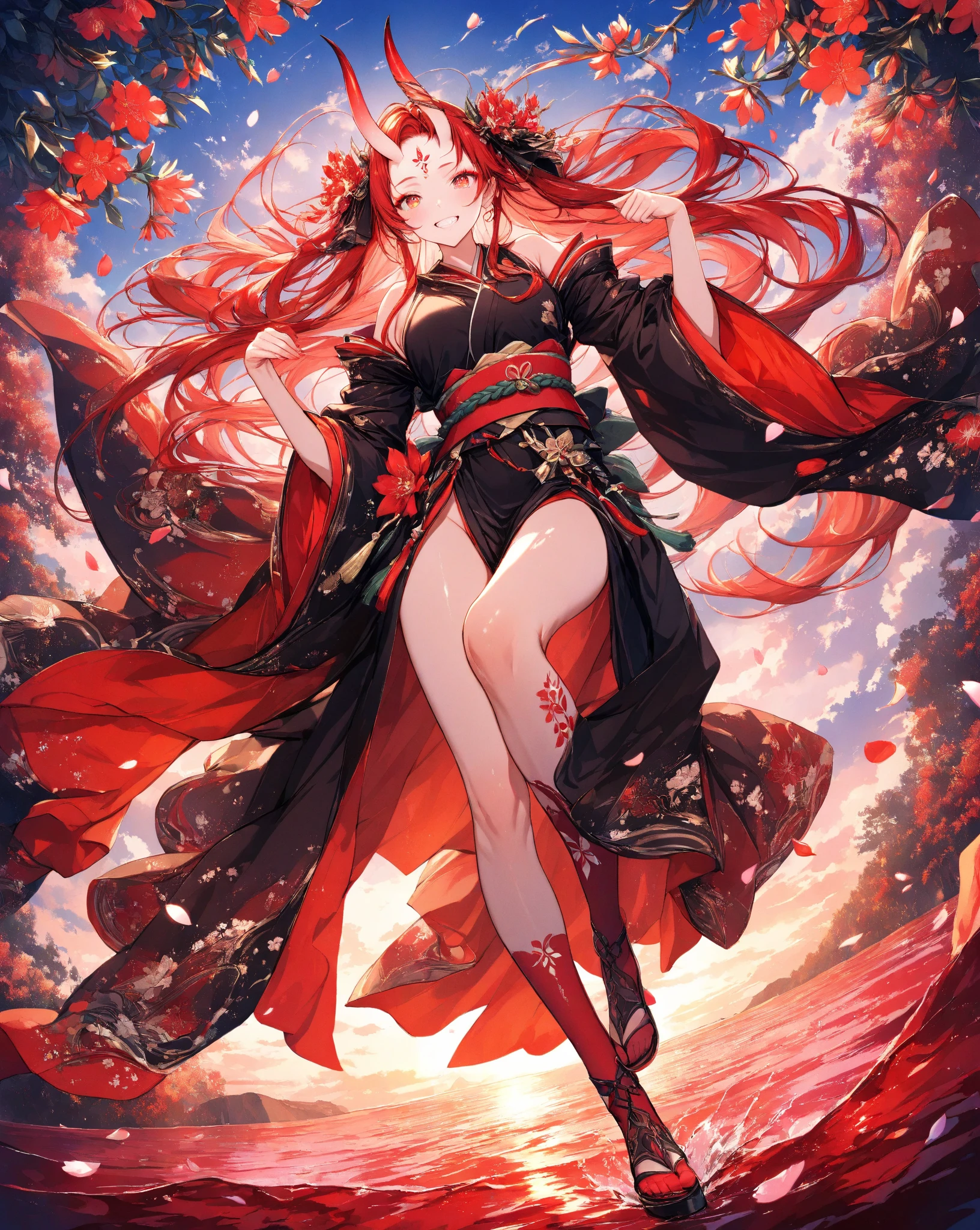 whole body, Long Red Hair, (Red rose flower illustration:1.5), Red sheer see-through dress,(((nsfw)))(((naked))) Red High Heels She lifts up her transparent skirt to reveal her crotch((()))infant She opens her blouse to reveal her breasts tall Lift one leg up (((Urinating)))Leg spread pussy,spread legs,girl,naked,(((open pussy)))((Garden Background))