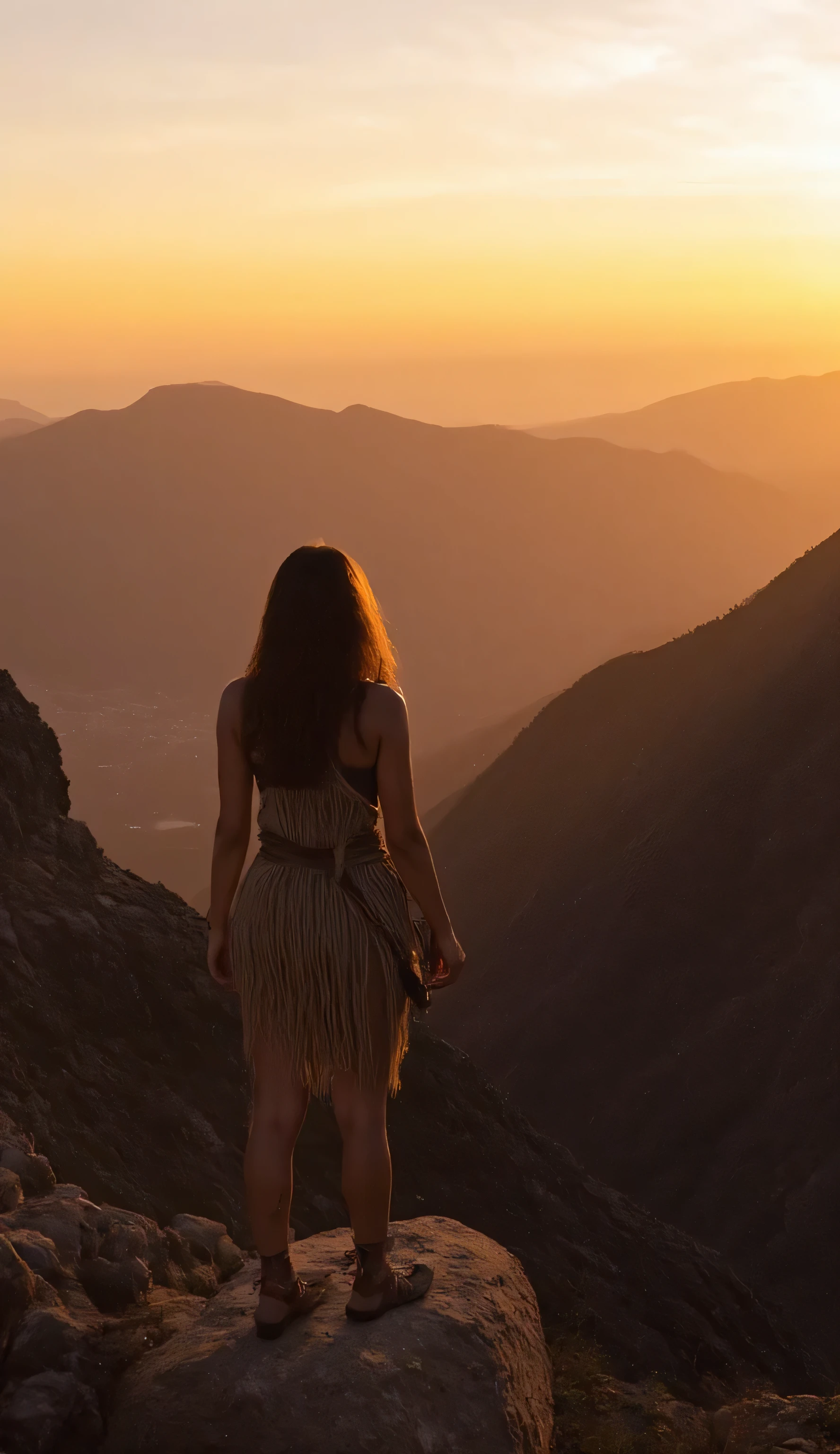 (front view) of a prehistoric warrior woman standing on top of a spiky mountain looking at the sunset, the mountain range on all sides, she ((dressed)) rustically with clothes made of skins and ropes, Background: Sunset background, Activity: standing, Picture Quality: Stunning Details, Emotional State: Fullness, Energy: Balanced, Size: Large, Vibe: Epic, Camera Angle: Diagonal Shot, Camera Angle Position: Over The Shoulder Shot, Lens Settings: 15mm Lens, Light Type: Real Light Source Defined