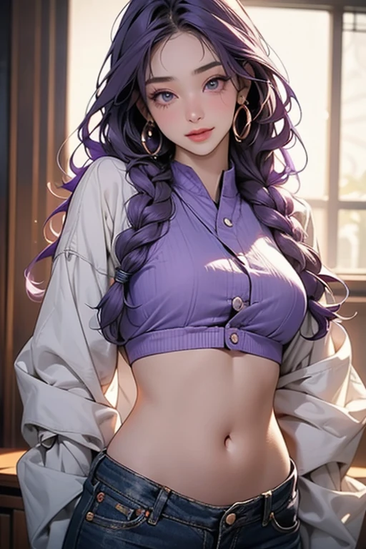 (masterpiece, best quality), 1girl, Lilac Twisted Side Braid with Pearl Beads, Sizes M to Z breasts, Lemon Puff-sleeve peasant blouse with a lace-up front. and Tie-dye pants, thighhighs, Lying down with one leg bent, hands behind the head
