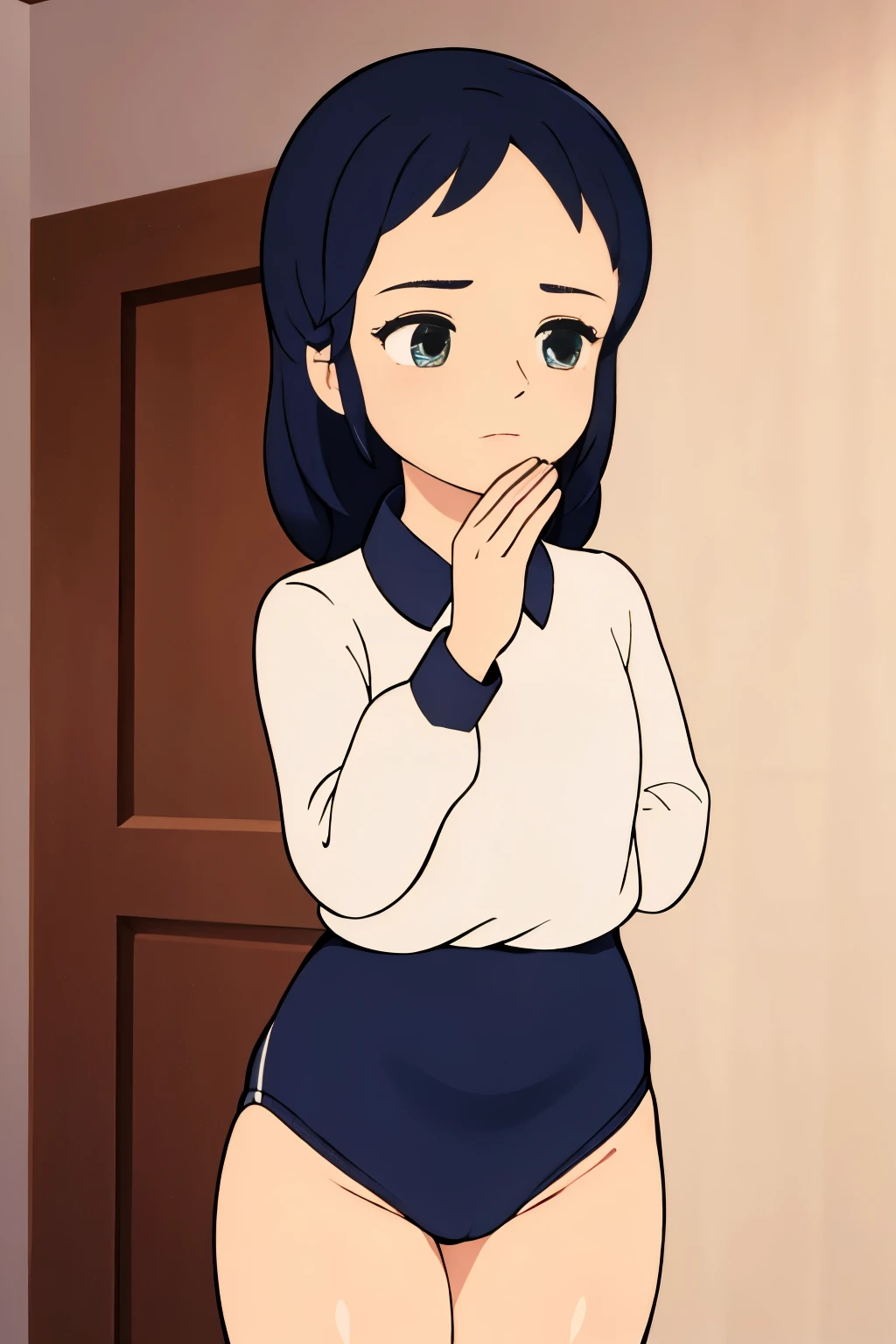 (masterpiece, highest quality), 1 girl, beautiful face, beautiful body, wearing a Black gymnastics bloomers, High leg、white blouse, cowboy shot、Are standing、full body portrait、alone, complex details, enlarged textures, complex details, finely detailed eyes and detailed face, intricate details, (closed mouth), perfect eyes, equal eyes, perfect body, extremely detailed, (), extremely realistic 3d,In a dark forest、