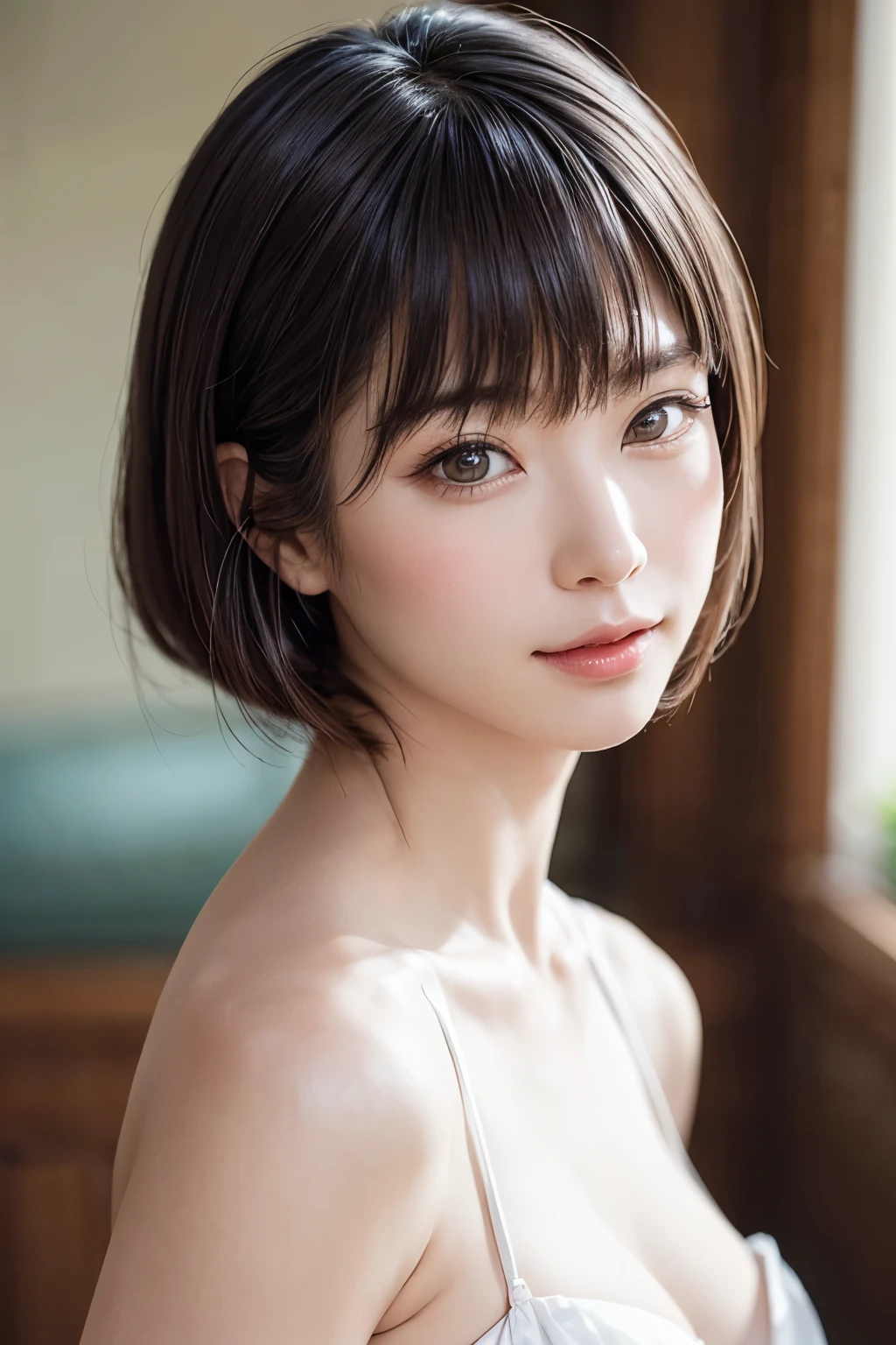 masterpiece、highest quality、High resolution、table top、wallpaper、realistic、bright lighting、professional lighting、face light、smooth lighting、japanese woman、adult woman、Beautiful woman、、modeled、gravure、sexy、super beautiful、beautiful skin、beautiful and detailed eyes、detailed face、slim、Medium chest size~Big 、short hair、brunette colored hair、brown eyes、look at the camera、japanese kimono、Japanese Yukata、In Fair