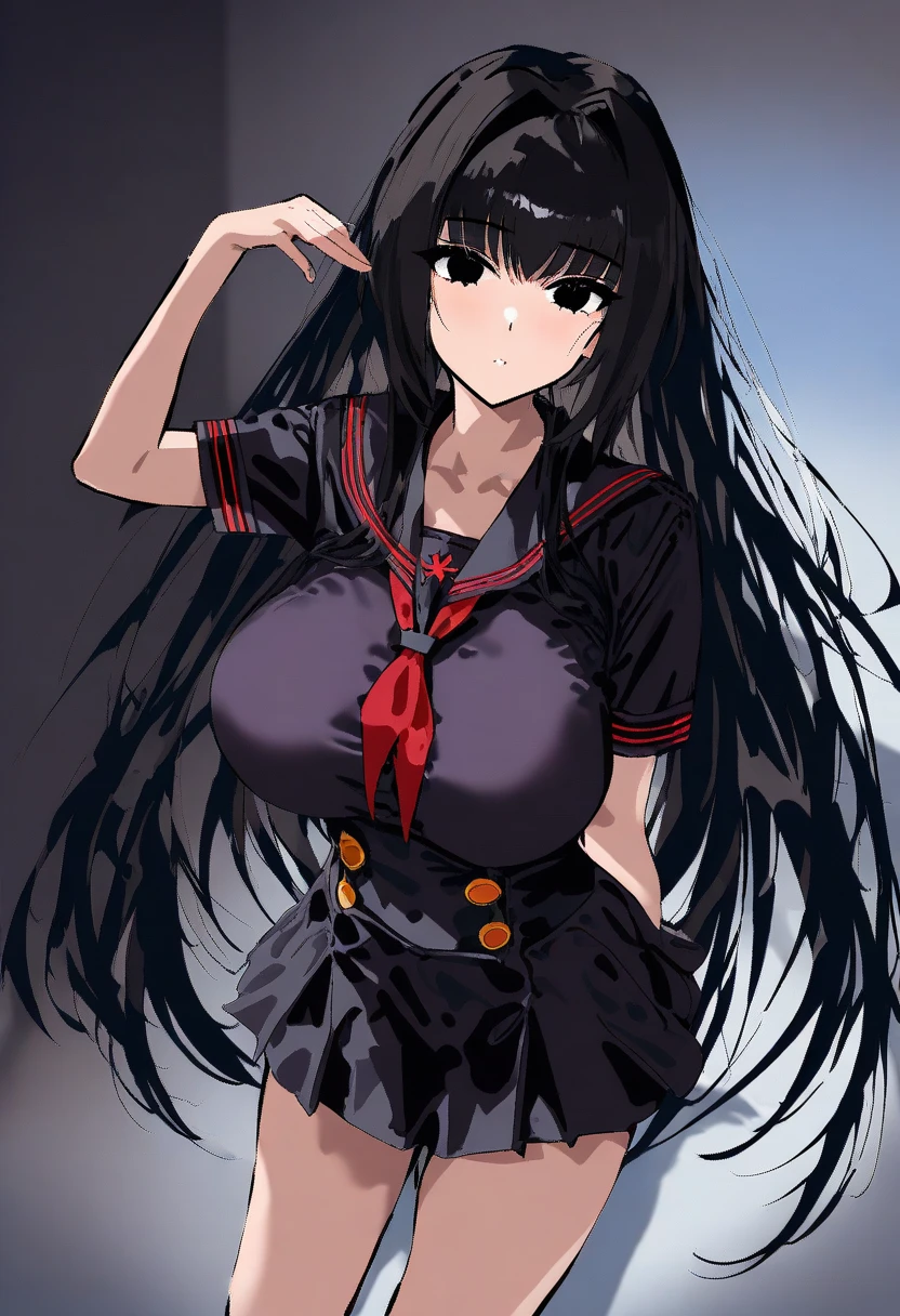 masterpiece, best quality, akame (akame ga kill!), full body, 1girl, solo, long hair, black hair, red eyes, necktie, very long hair, looking at viewer, gloves, breasts, huge breasts, big breasts