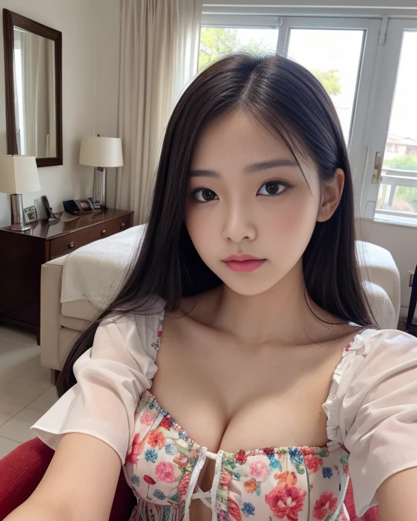 Kim jennie con el cabello negro oscuro, con rulos en las puntas del cabello negro oscuro, con un ganchito de estrella en el cabello negro oscuro, ojos de color claro, ojos bonitos, ojos llorosos, nariz bonita y respingada, labios bonitos, labios rosas, heart and cupid shaped lip, piel bonita, pale, piel blanca, con lunares y pecas en todo el rostro, rubor rosa suave en las mejilla, rubor rosa natural, maquillaje suave y rosa, jennie, cuellos bonito, cuello marcado, frown, mirada enojada, con un collar de beso, un collar bonito de beso, mientras tiene un traje de Yumeko Jabami, cospaly de Yumeko Jabami, mientras tiene una camisa blanca, con tiene un traje de color rojo encima de su camisa blanca, apretado a su cuerpo, con una falta negra corta mientras tiene el abdomen desnudo, delgado, marcado y bonito, (pechos grandes, pechos suaves, pechos bonitos, pechos naturales), mientras esta haciendo cospaly del personaje Yumeko Jabami, del anime Kakegurui, mirando a la camara, autofoto, selfie bonita