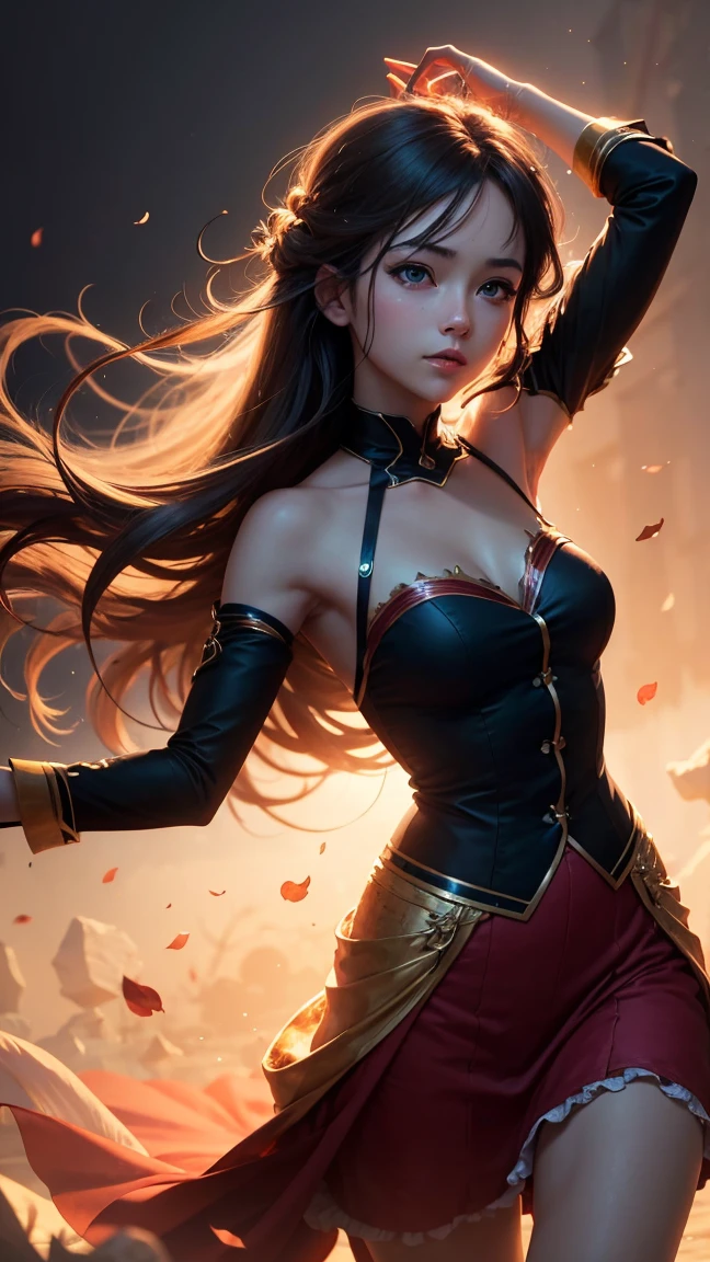 Illustrate Elise from League of Legends in her Death Rose skin, with vibrant, floral-themed armor and petals cascading around her. Capture the moment she uses her Neurotoxin ability in human form, launching a venomous spell at her enemies, with blooming flowers intertwining with the poison