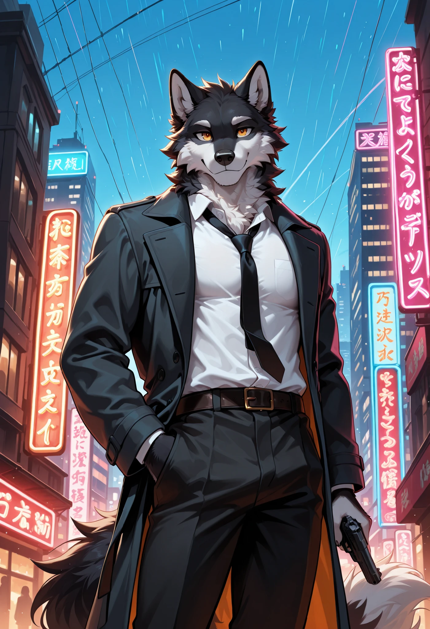 (Masterpiece) (High Detail) (High Res) A tall, muscular male Anthro Wolf Furry with Black Fur and Orange eyes and black canine ears and a long black canine tail. He is wearing a white button-up shirt and black tie, and a pair of black pants and a long black trench-coat overcoat. It is night-time in the city. Cityscape. Neon lights. Dark sky. Raining. He is holding a pistol. Male. Male Wolf. Man.